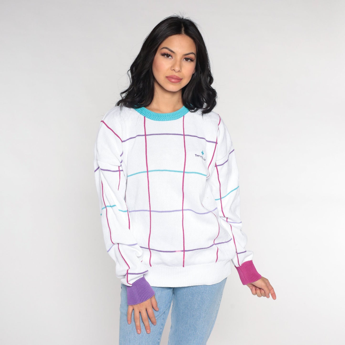 90s Terre du Lac Checkered White Crewneck Sweater Ringer Trim Large L