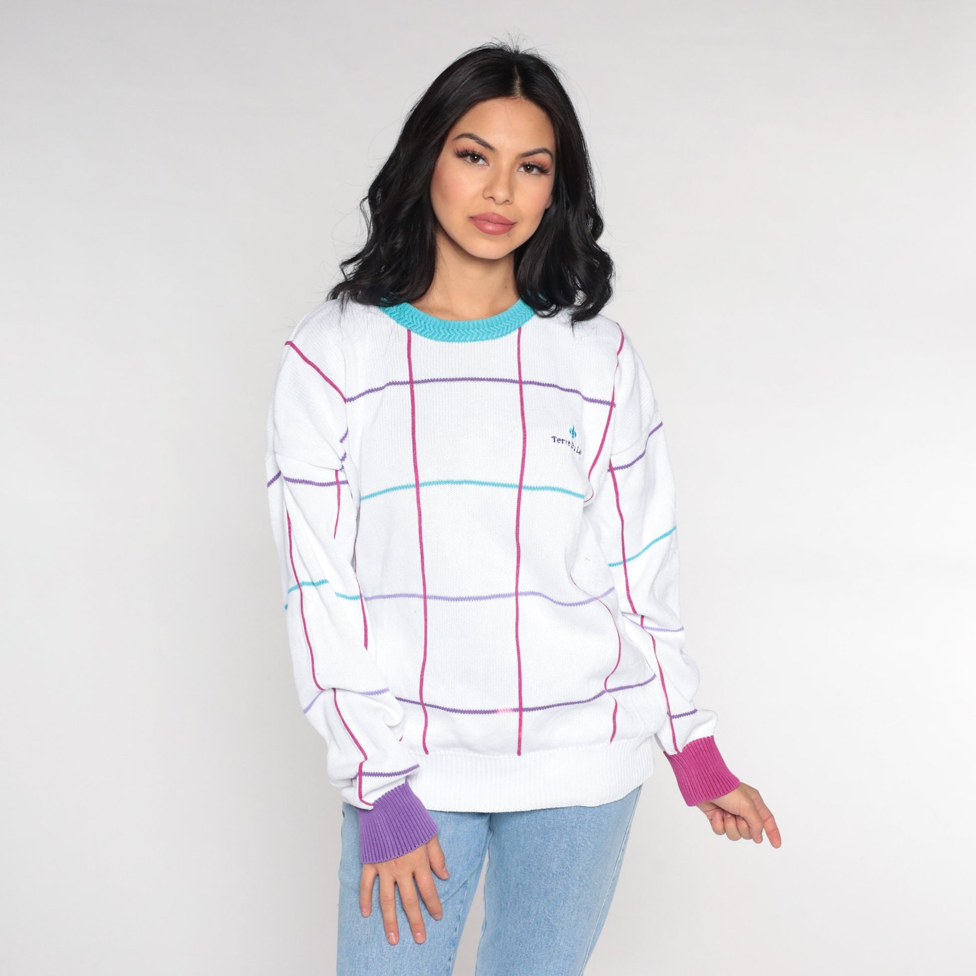 90s Terre du Lac Checkered White Crewneck Sweater Ringer Trim Large L