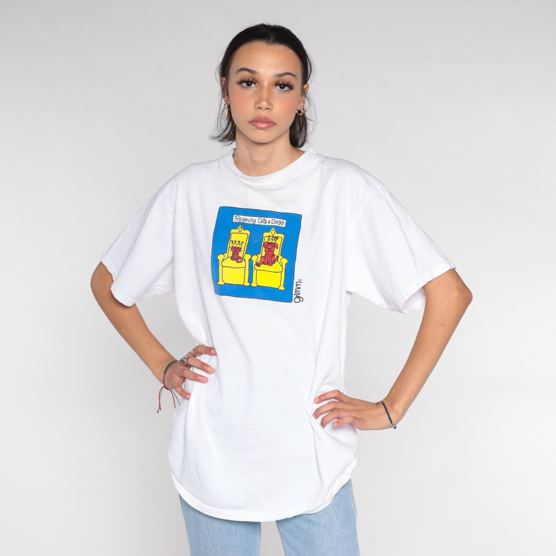 90s Grimm Reigning Cats and Dogs Graphic T-Shirt White Cotton Medium