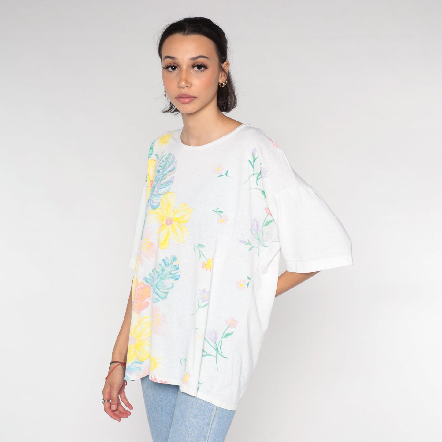 90s Painted Floral Monstera Leaf Graphic T-Shirt White Cotton Tee One Size