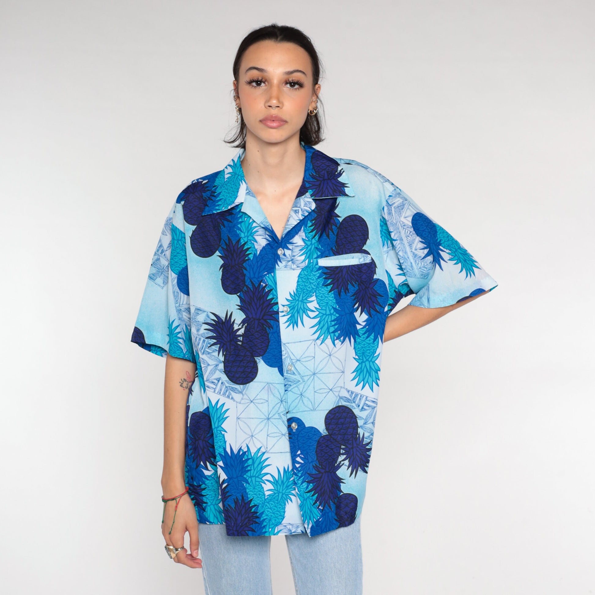 70s Blue Pineapple Tropical Button Up Shirt Short Sleeve Men's Large