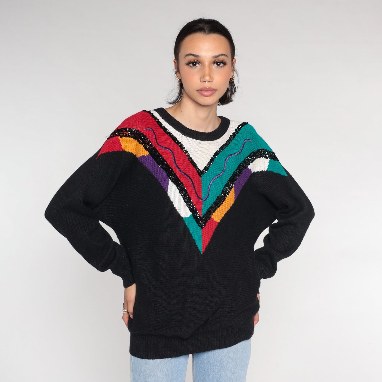 90s Black Sequin Chevron Knit Sweater Embroidered Squiggle Cotton Ramie Extra Large