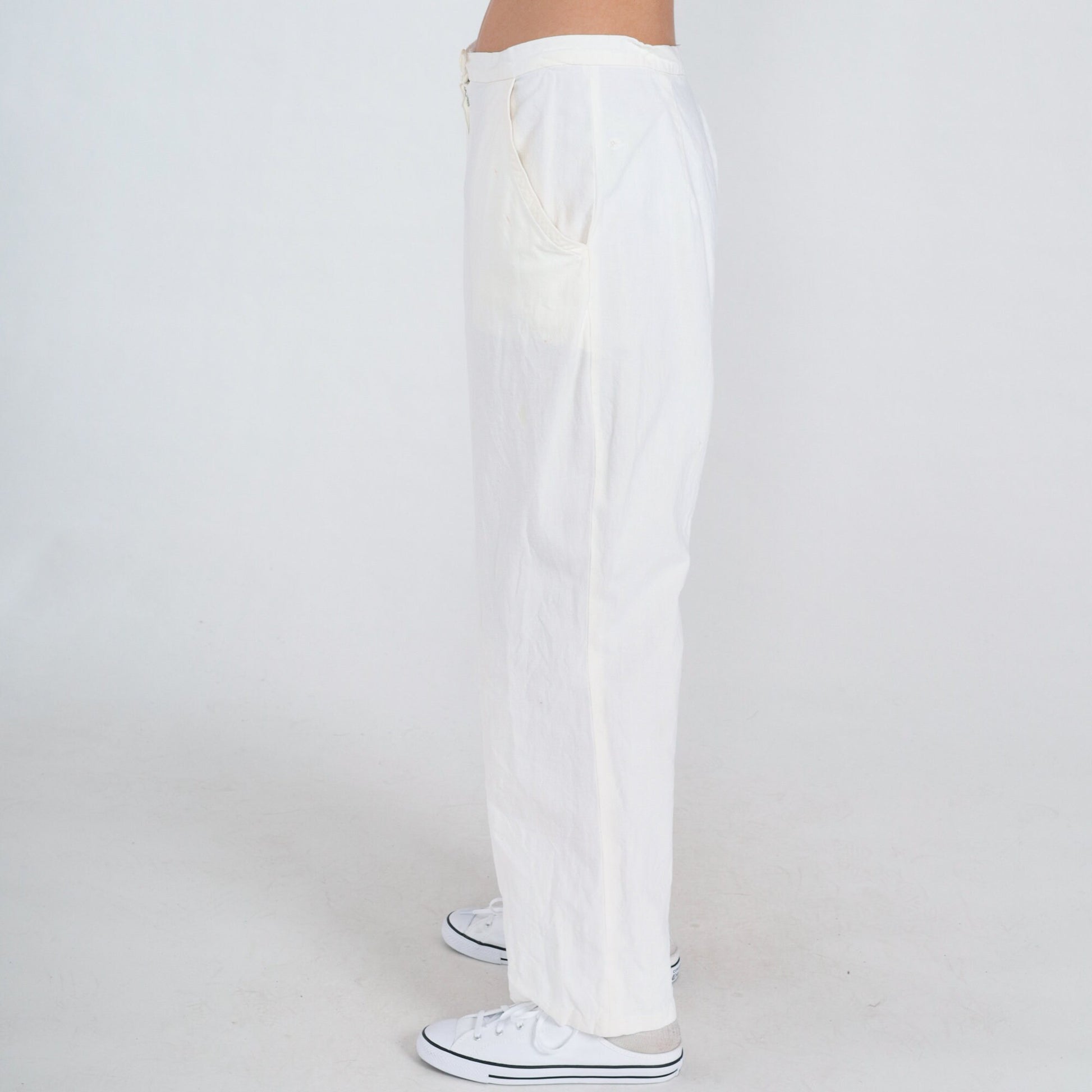 80s White Linen Straight Leg Trousers High Waist Vintage Medium M