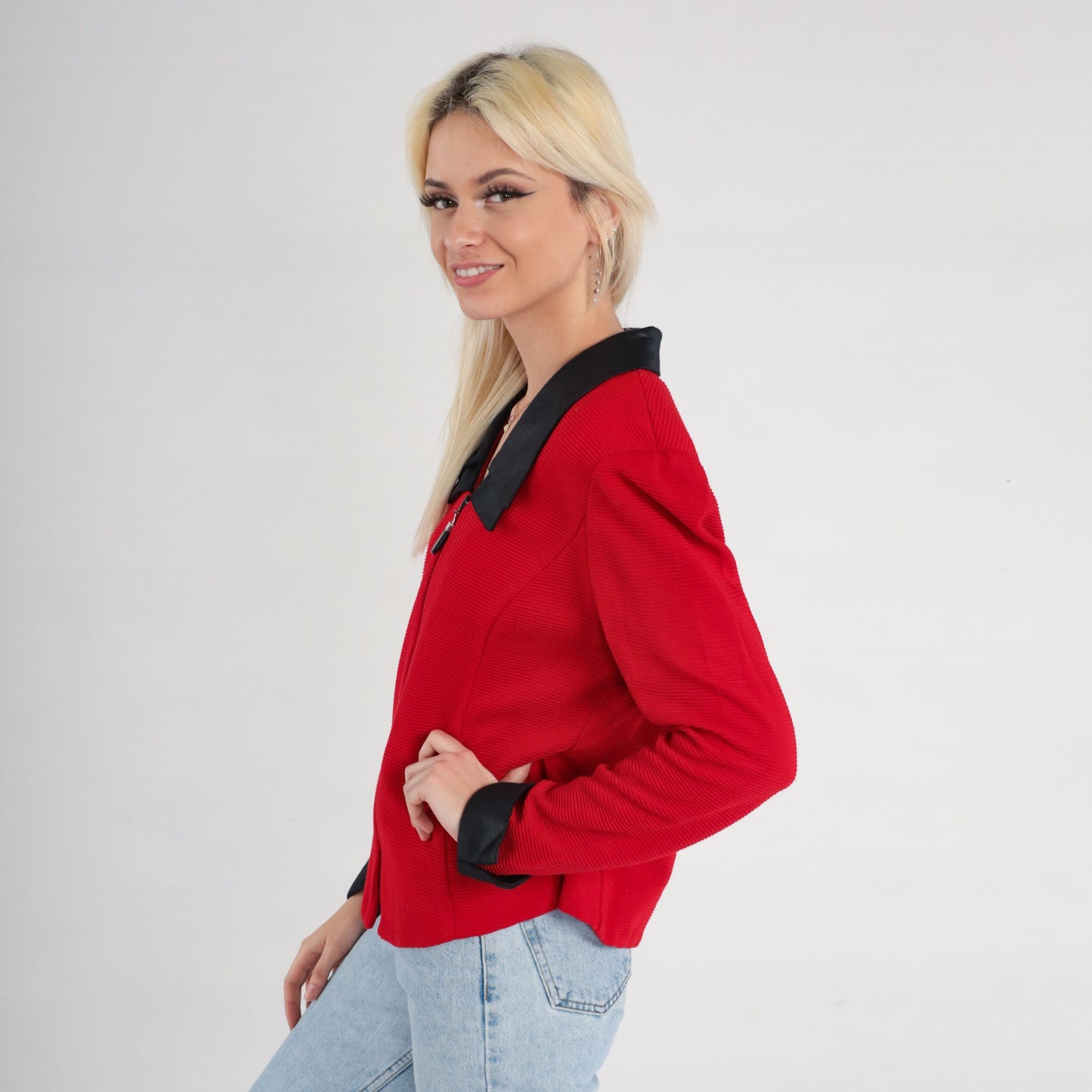 90s Red Blazer Jacket Faux Leather Collar Zip Front Medium