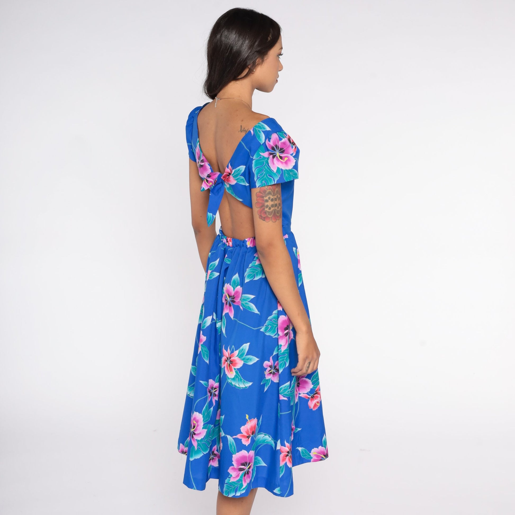 80s Tropical Floral Midi Dress Blue Keyhole Back Puff Sleeve High Waist Small