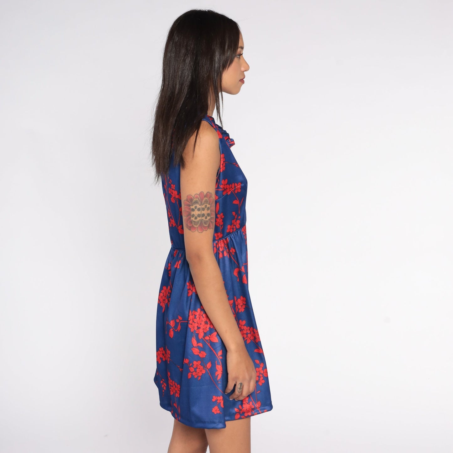 70s Emilio Borghese Babydoll Mini Dress Blue Floral Empire Waist Small