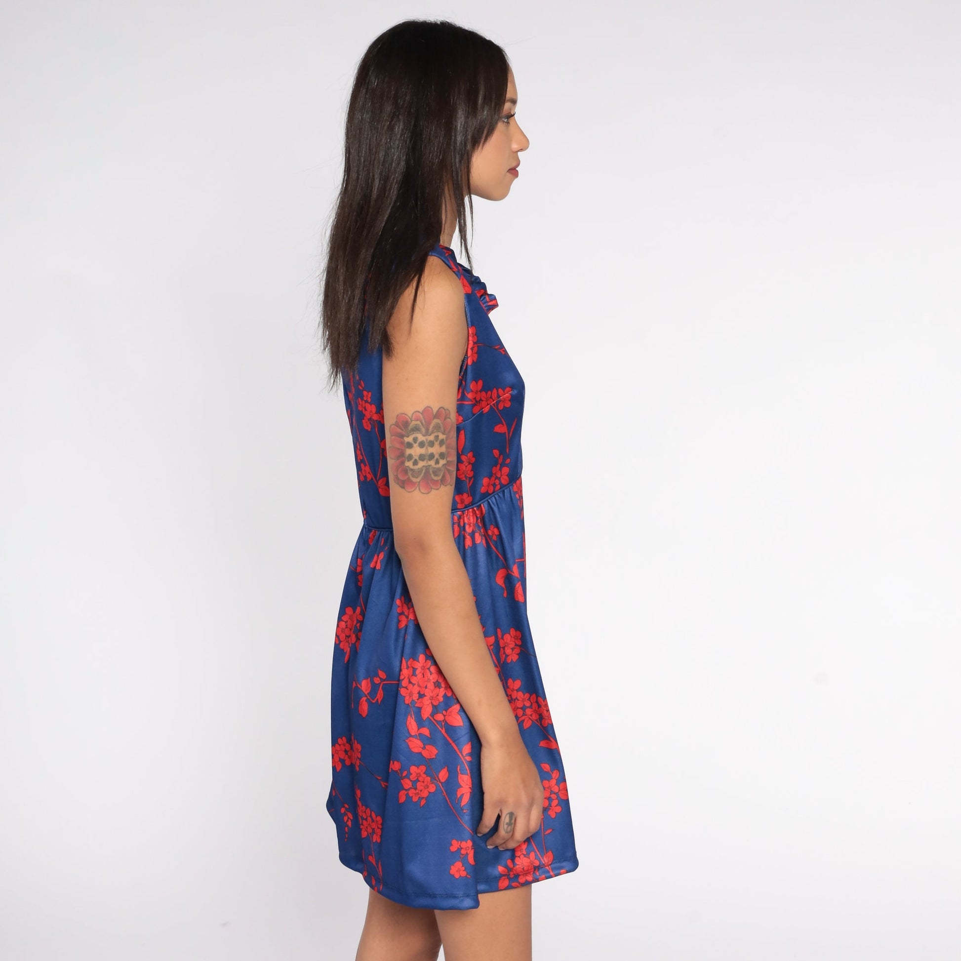 70s Emilio Borghese Babydoll Mini Dress Blue Floral Empire Waist Small