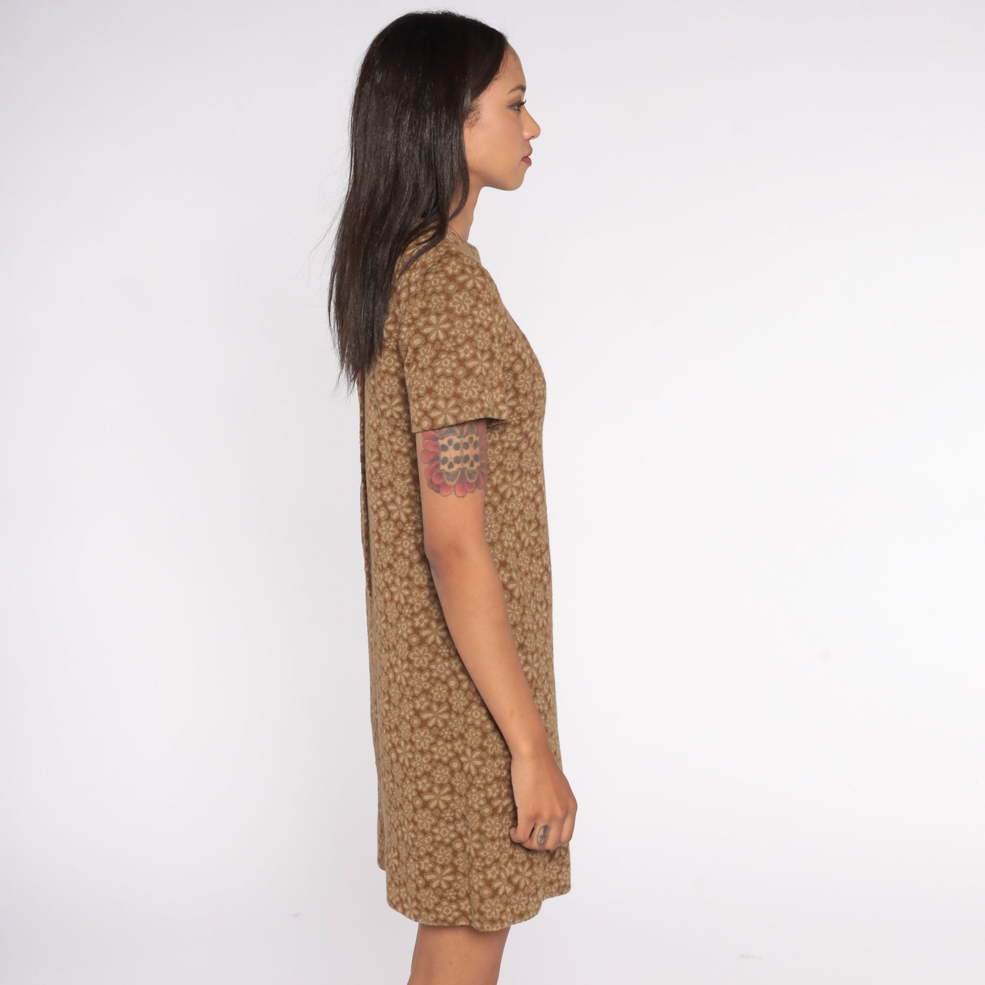 60s Floral Brown Wool Blend Shift Mini Dress Short Sleeve Extra Small