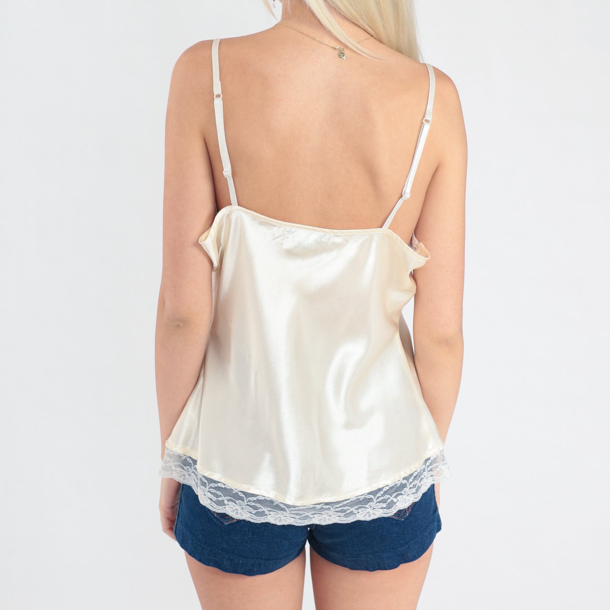 00s White Satin Camisole Rhinestone Floral Lace Trim Tank Large