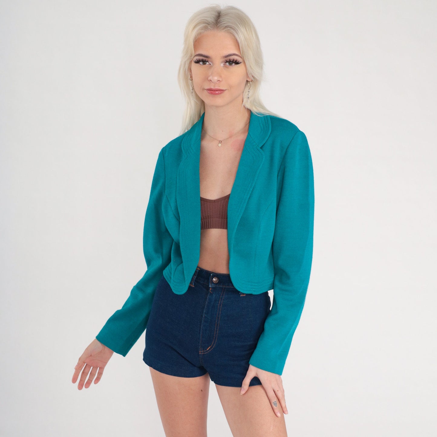 80s Leslie Fay Teal Blazer Open Front Office Jacket Small