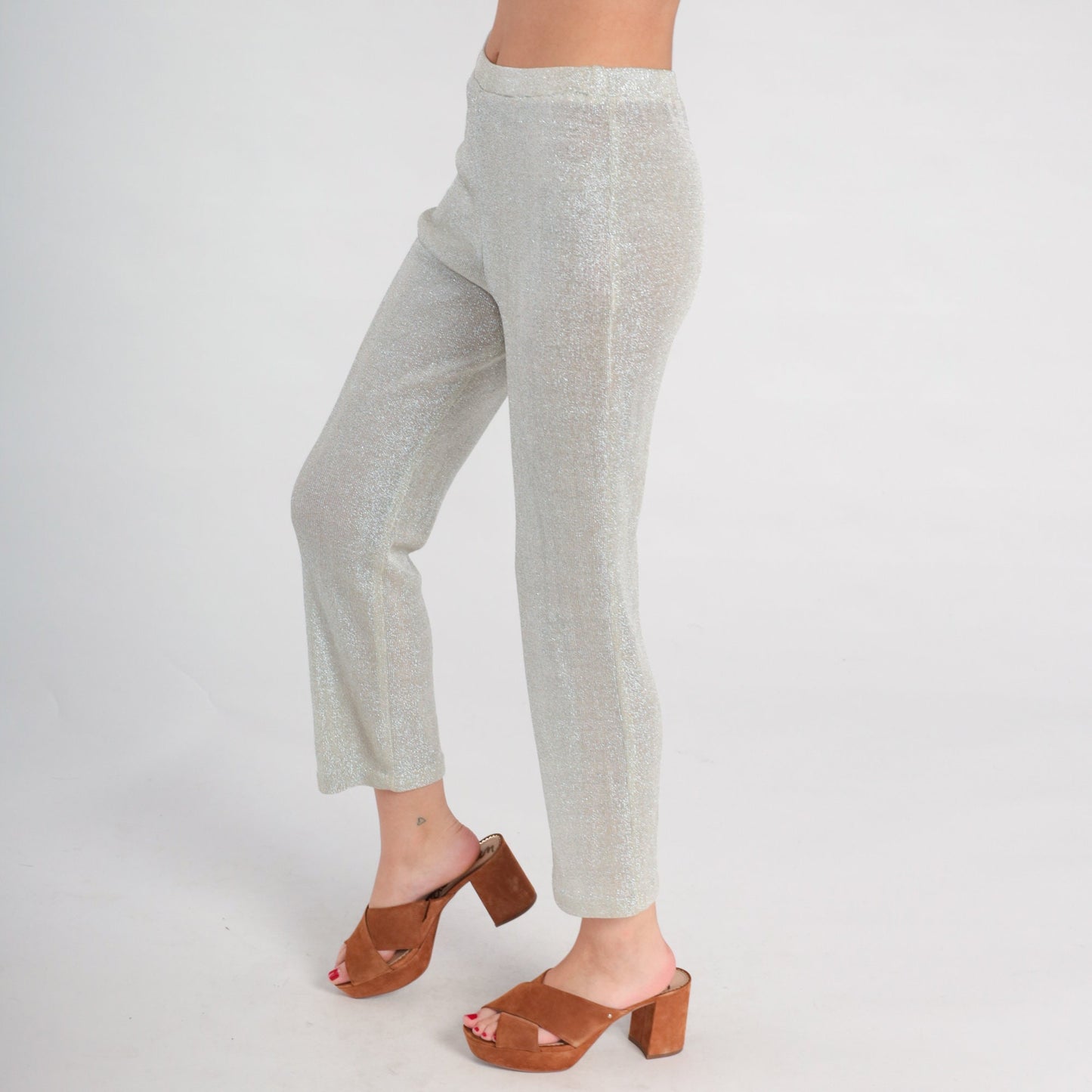90s Metallic Silver Lurex Skinny Pants High Waist Elastic Medium