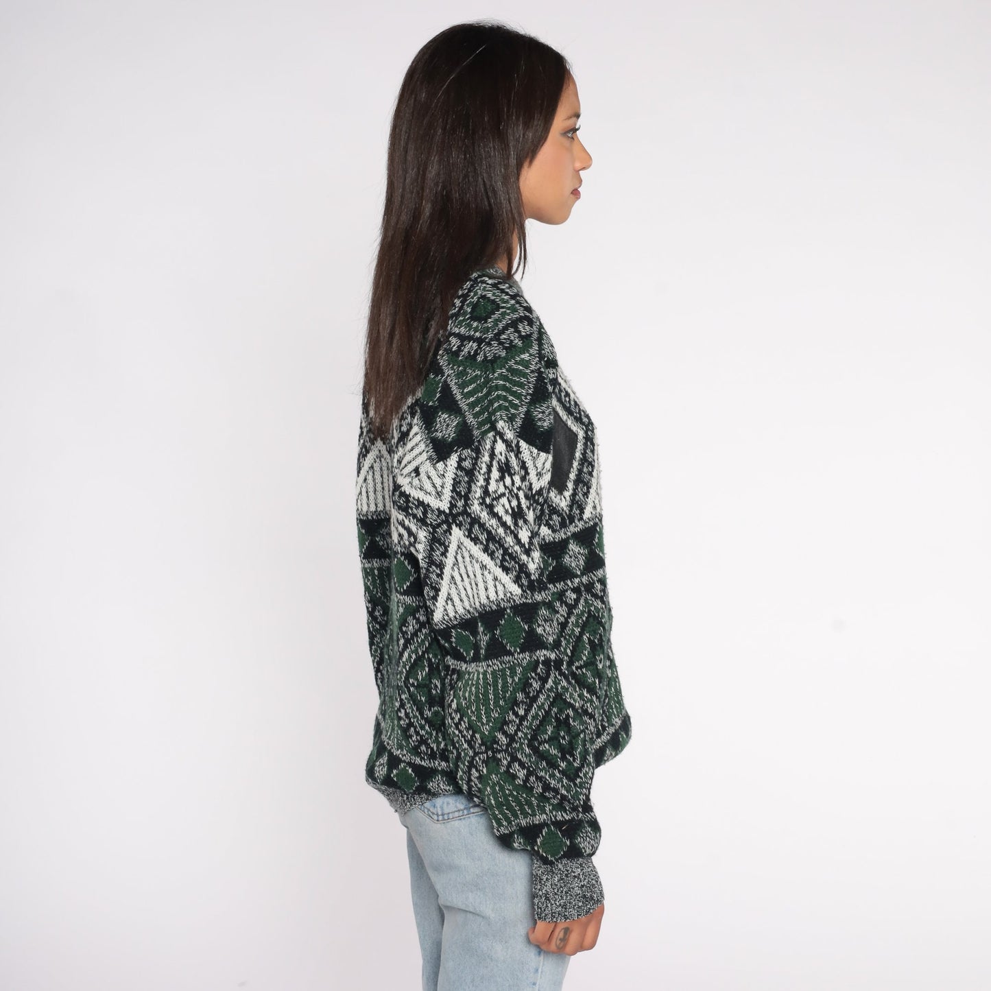 90s Geometric Leather Patch Crewneck Sweater Green Large L
