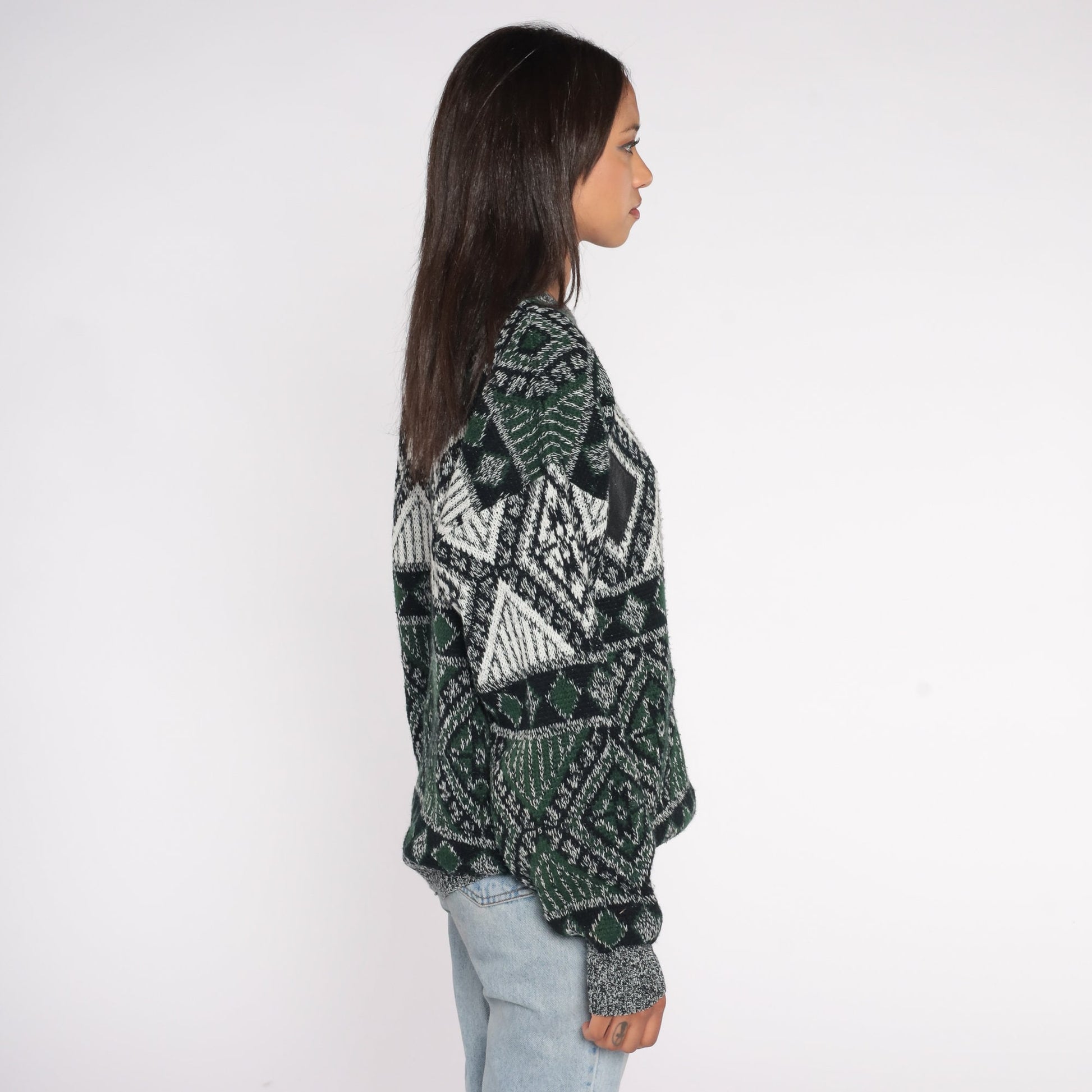 90s Geometric Leather Patch Crewneck Sweater Green Large L