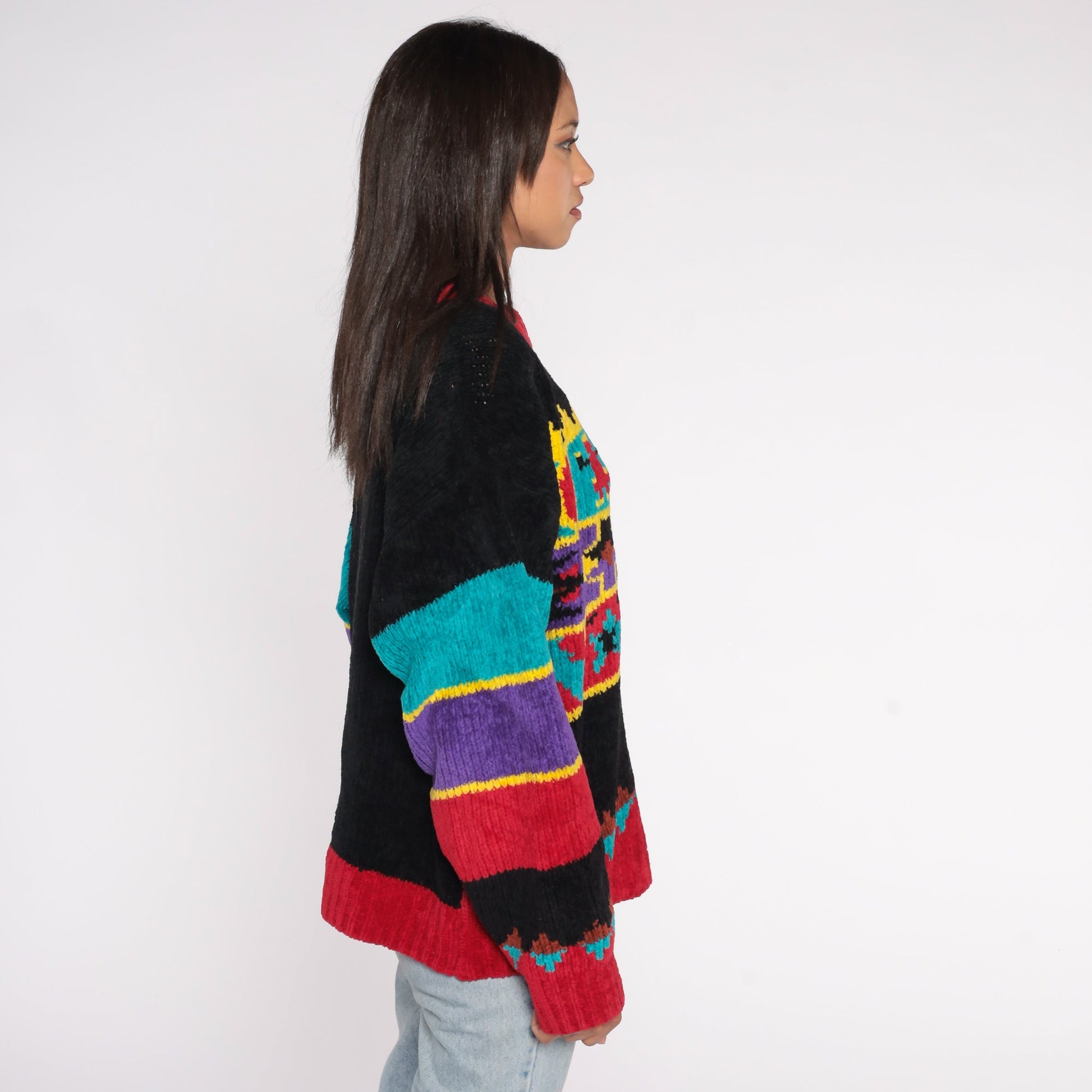 90s Geometric Chenille Sweater Red Black Star People Pullover Extra Large XXL