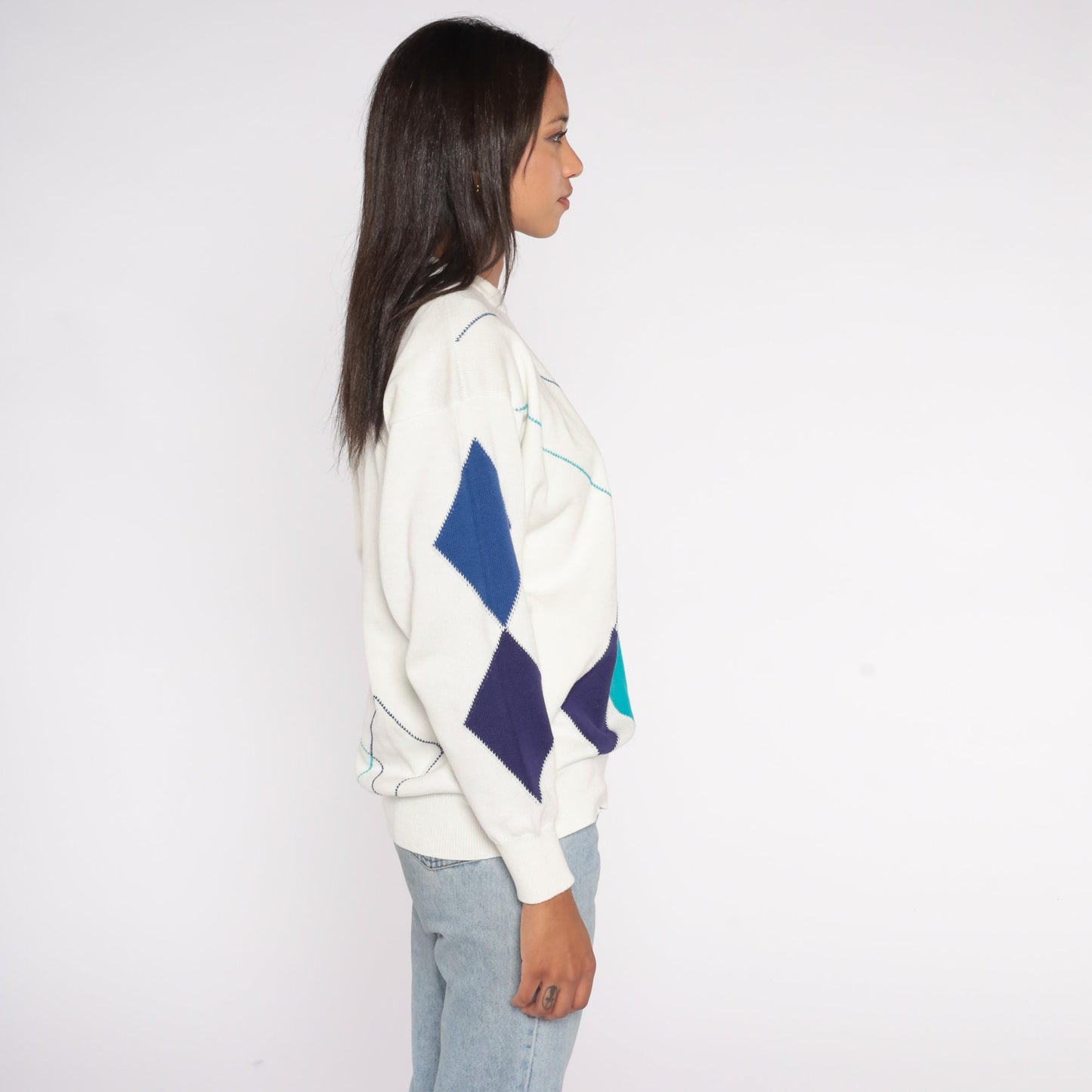 90s Geometric Diamond Jacquard Sweater White Blue Pullover Extra Large XXL
