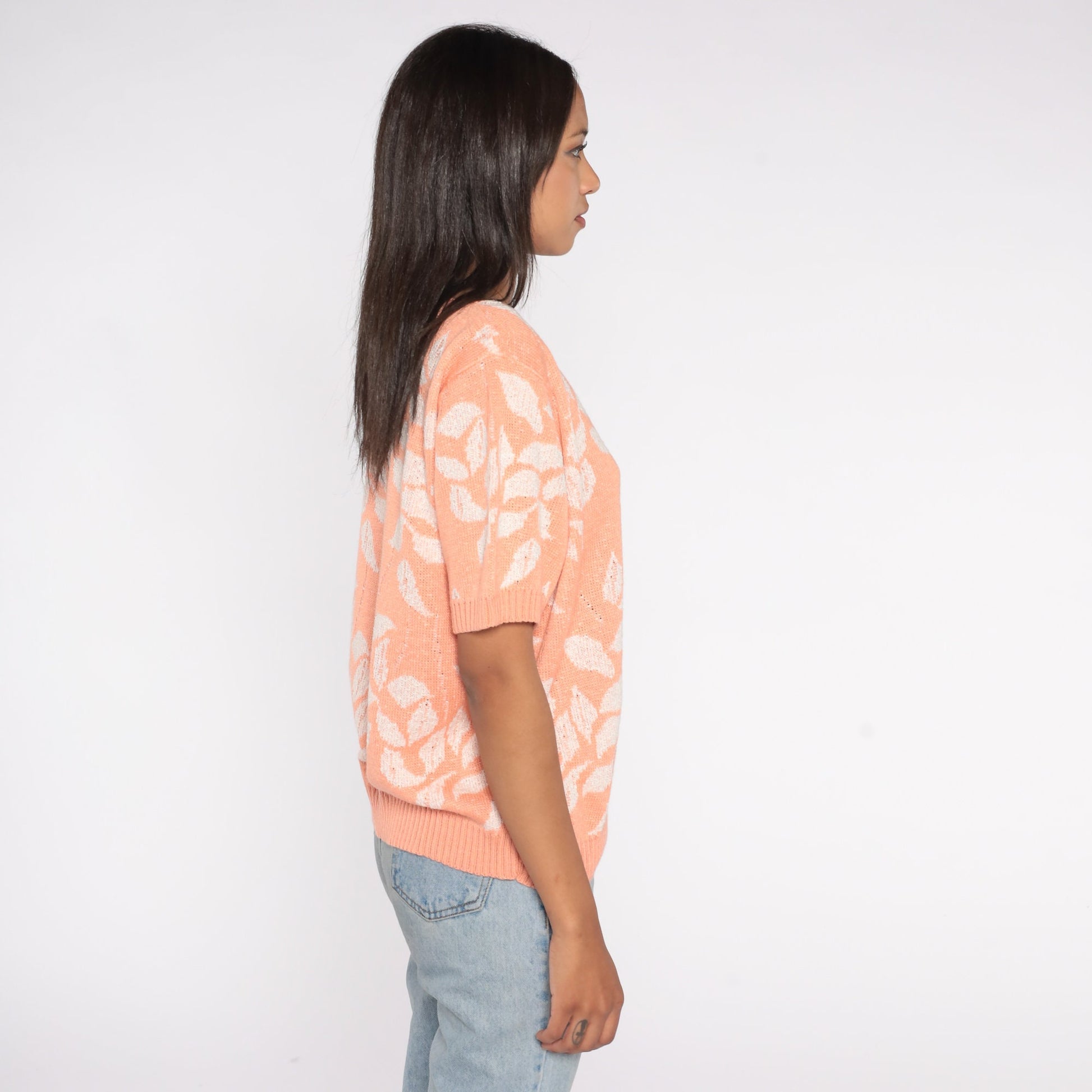 80s Orange Leaf Knit Sweater Short Sleeve Botanical Print Extra Large XXL