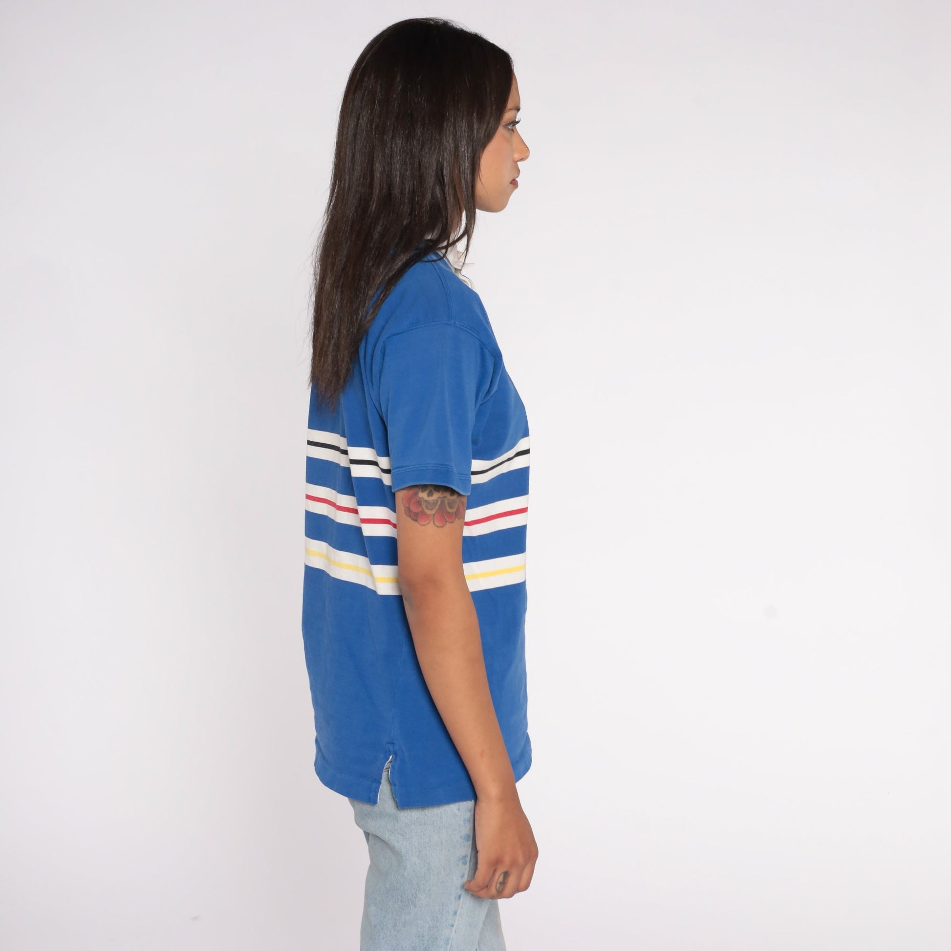 80s Blue Striped Polo Shirt Cotton Half-Button Collared Small