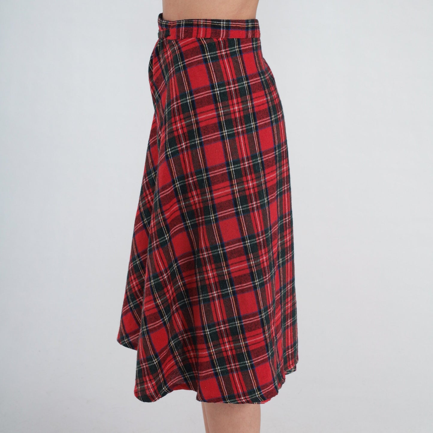 80s Red Plaid Wool Blend Midi Wrap Skirt High Waist Small Medium