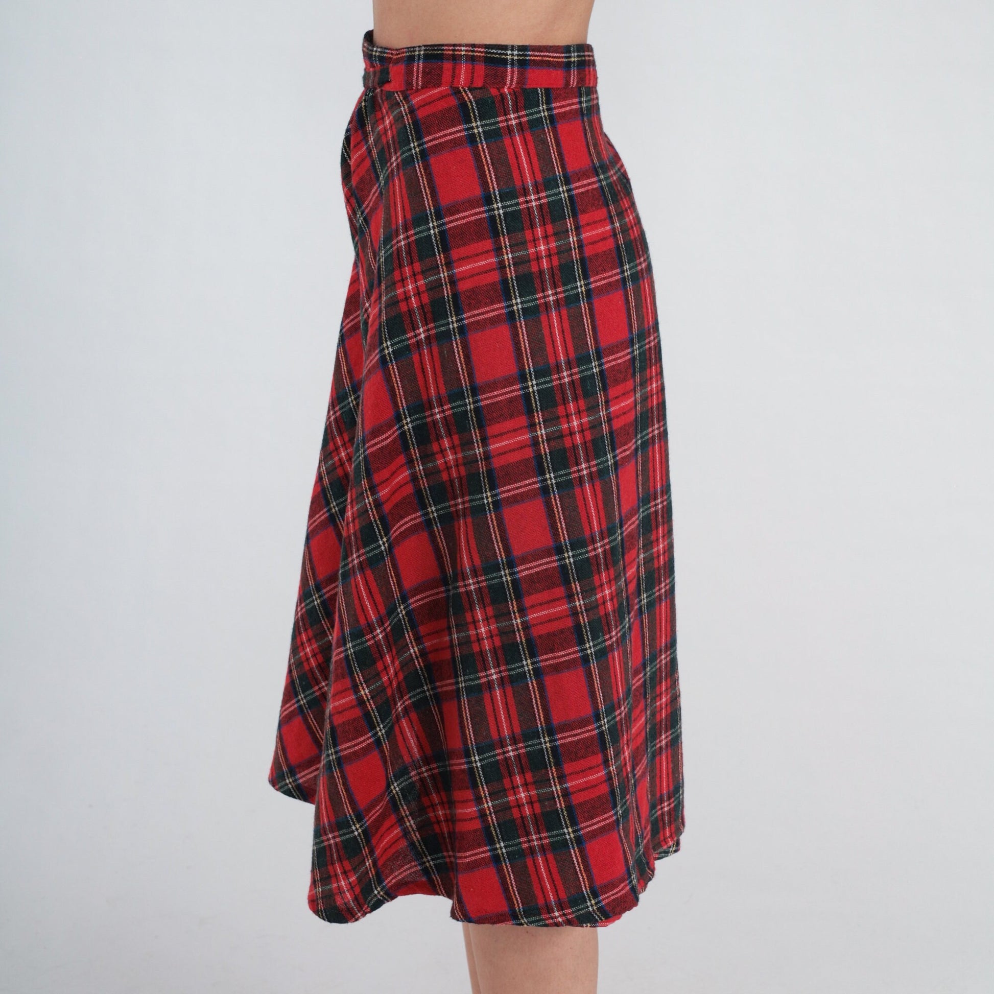 80s Red Plaid Wool Blend Midi Wrap Skirt High Waist Small Medium