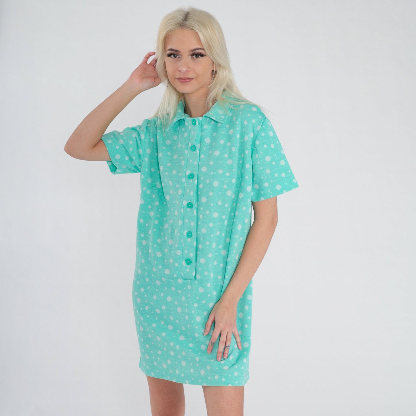 70s Blue-Green Polka Dot Shift Dress Collared Mini Short Sleeve Large L