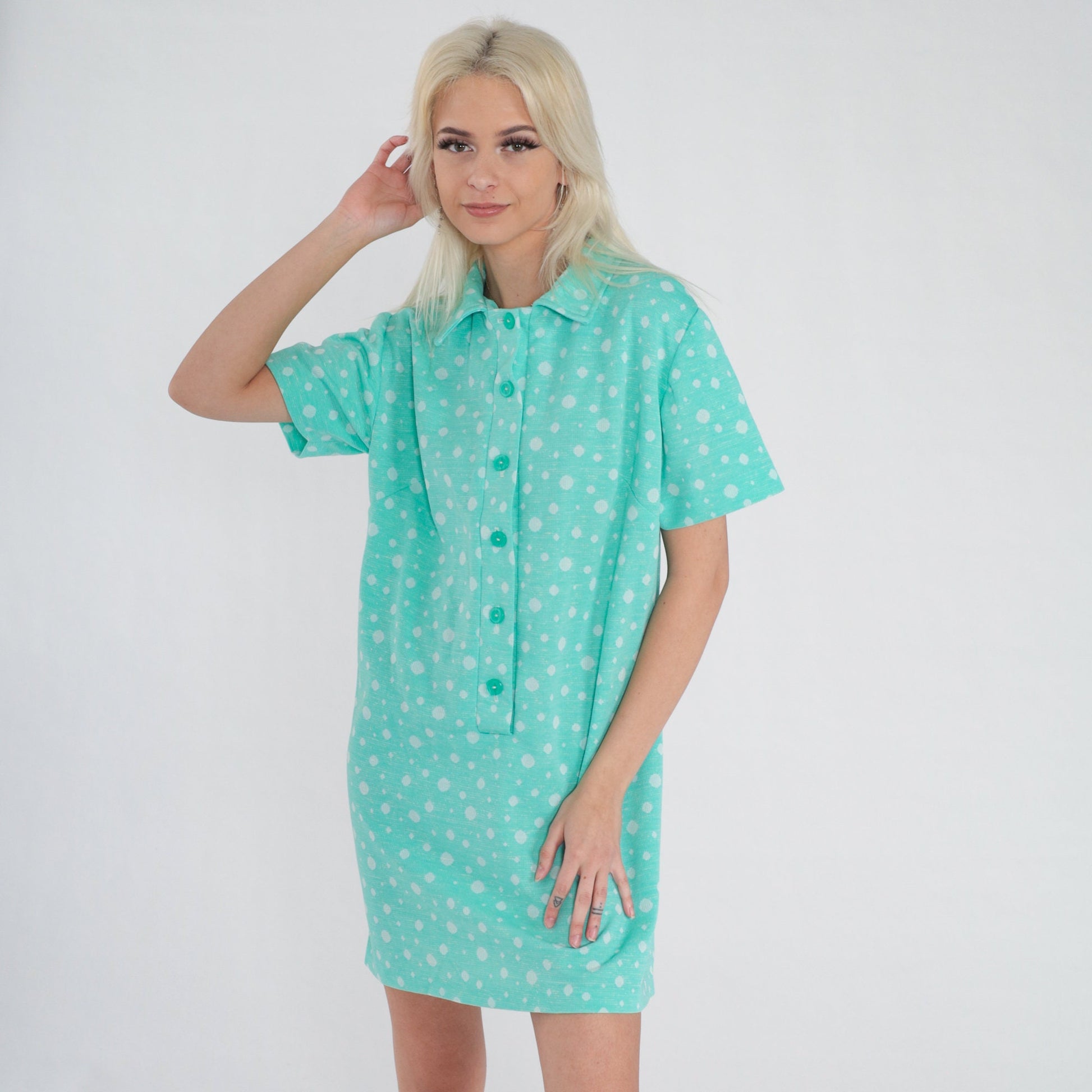70s Blue-Green Polka Dot Shift Dress Collared Mini Short Sleeve Large L