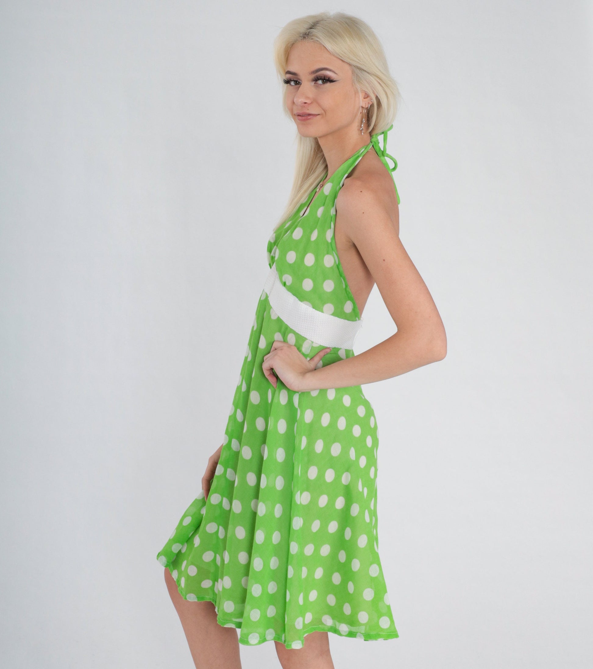 70s Green Polka Dot Halter Mini Dress Empire Waist Low Back Small