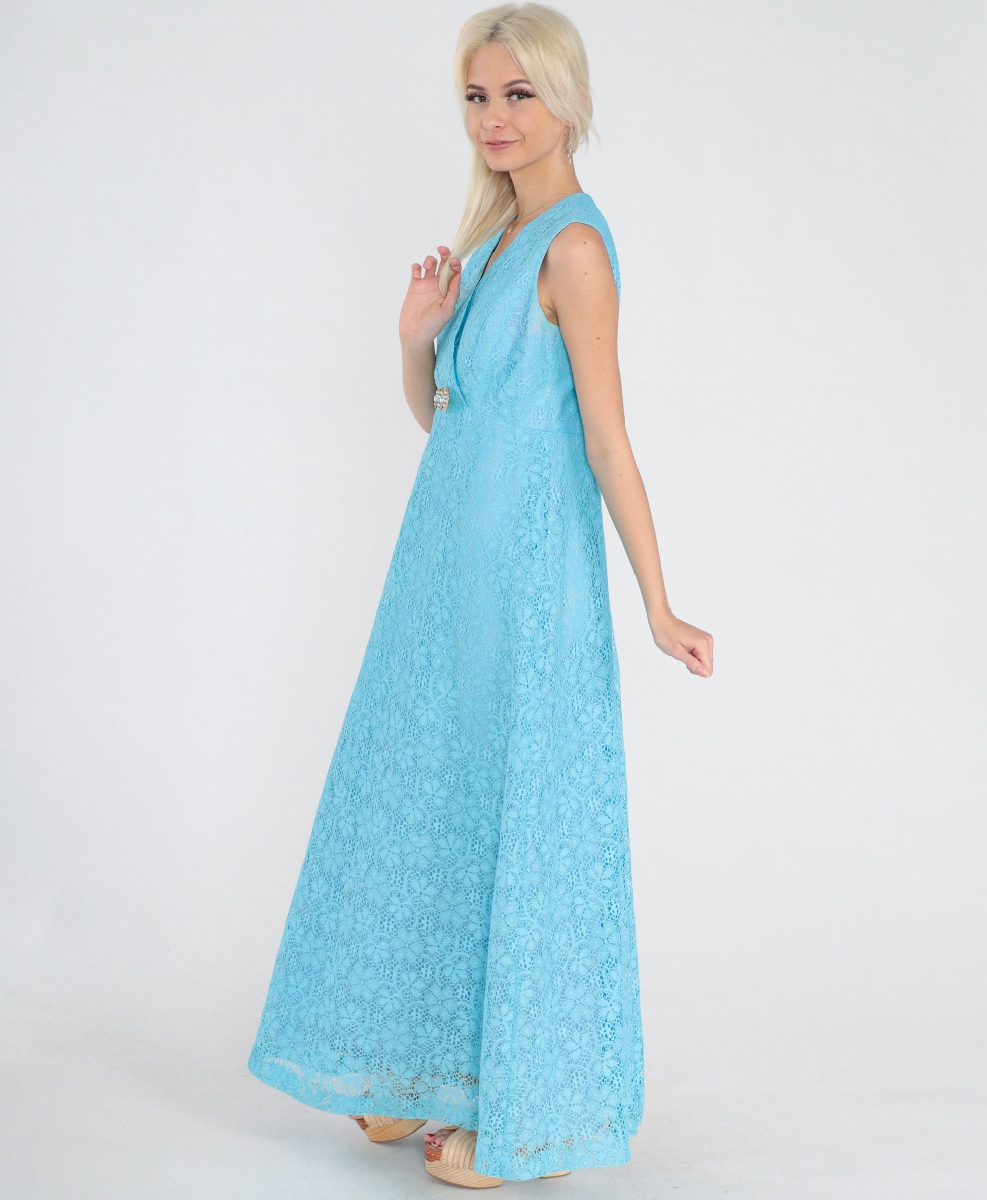 70s Blue Floral Lace Maxi Dress Rhinestone Empire Waist V Neck Small