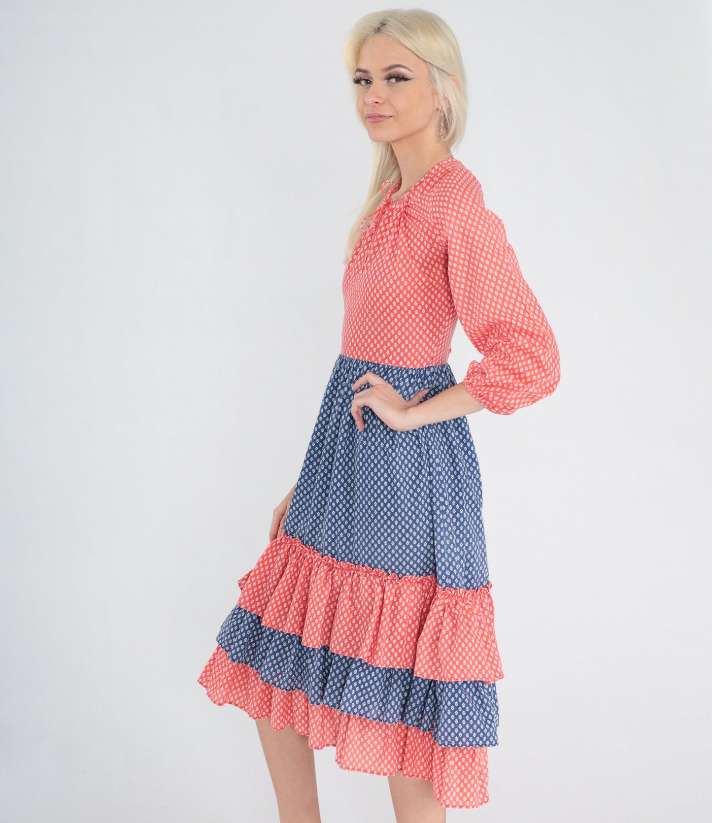 70s Calico Floral Midi Dress Red Blue Tiered 3/4 Sleeve XXS