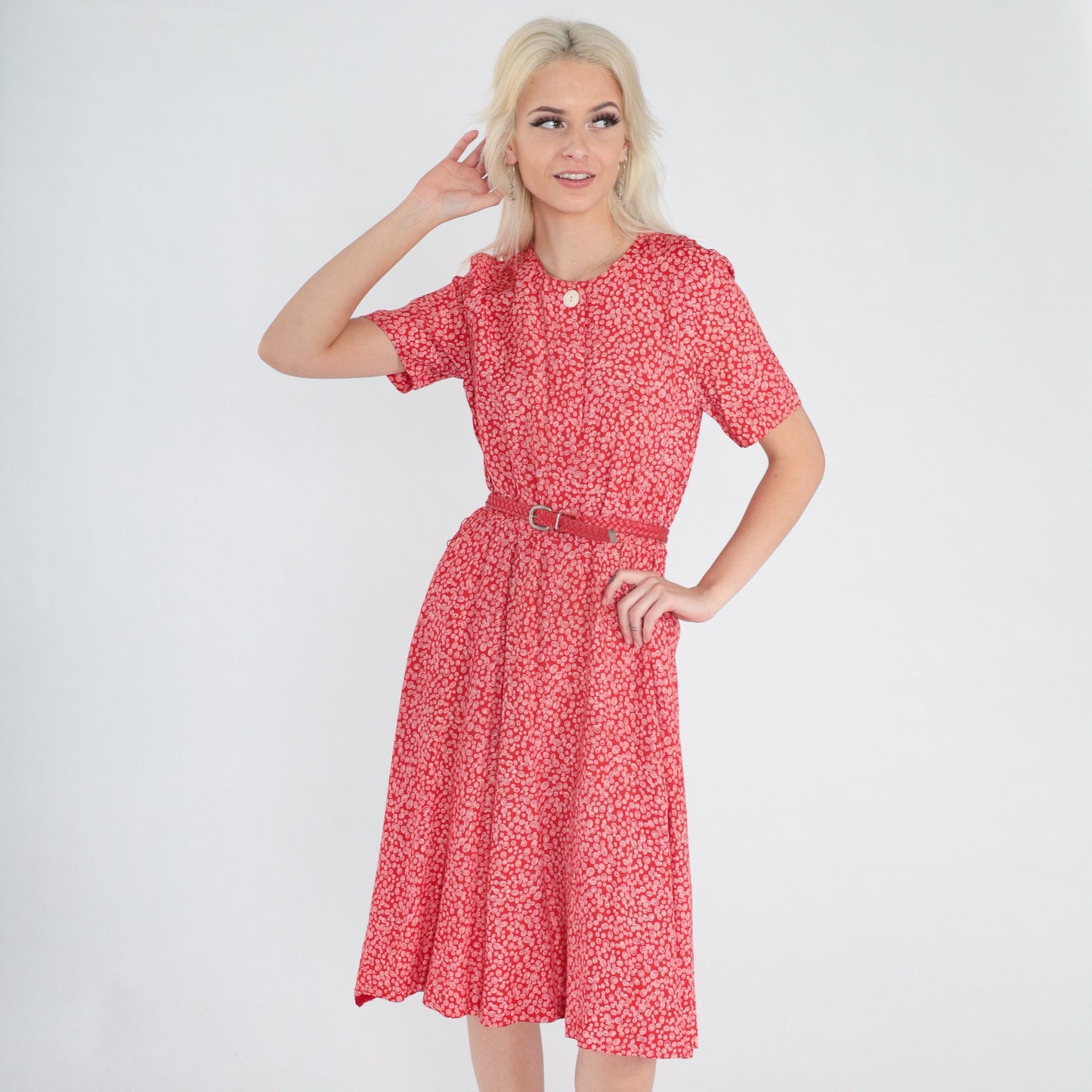 90s Talbots Red Swirl Print Midi Dress Button-Up High Waist Short Sleeve XS