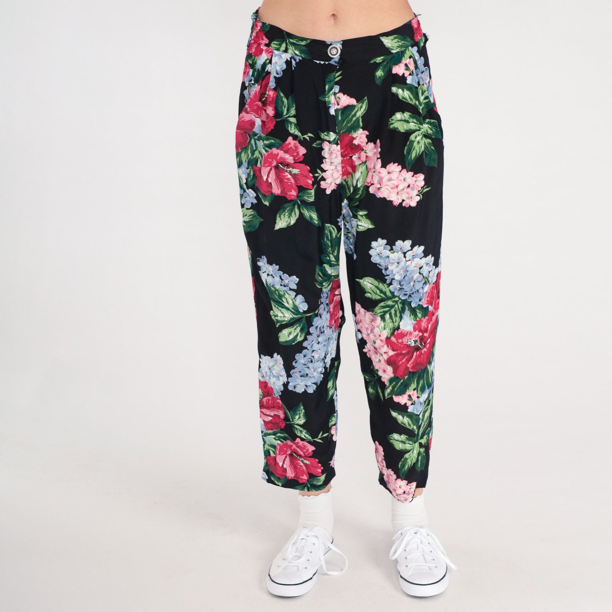 90s Floral Rayon Pants High Waist Pleated Tapered Black Print Small