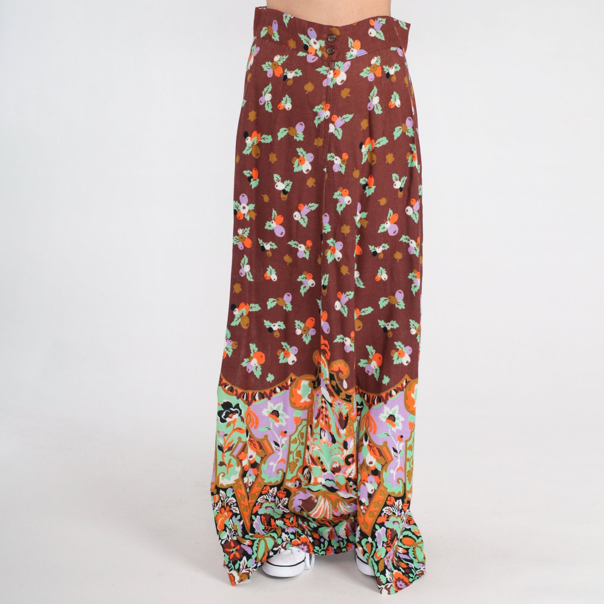 70s Young Edwardian Floral Maxi Skirt High Waist Brown Small