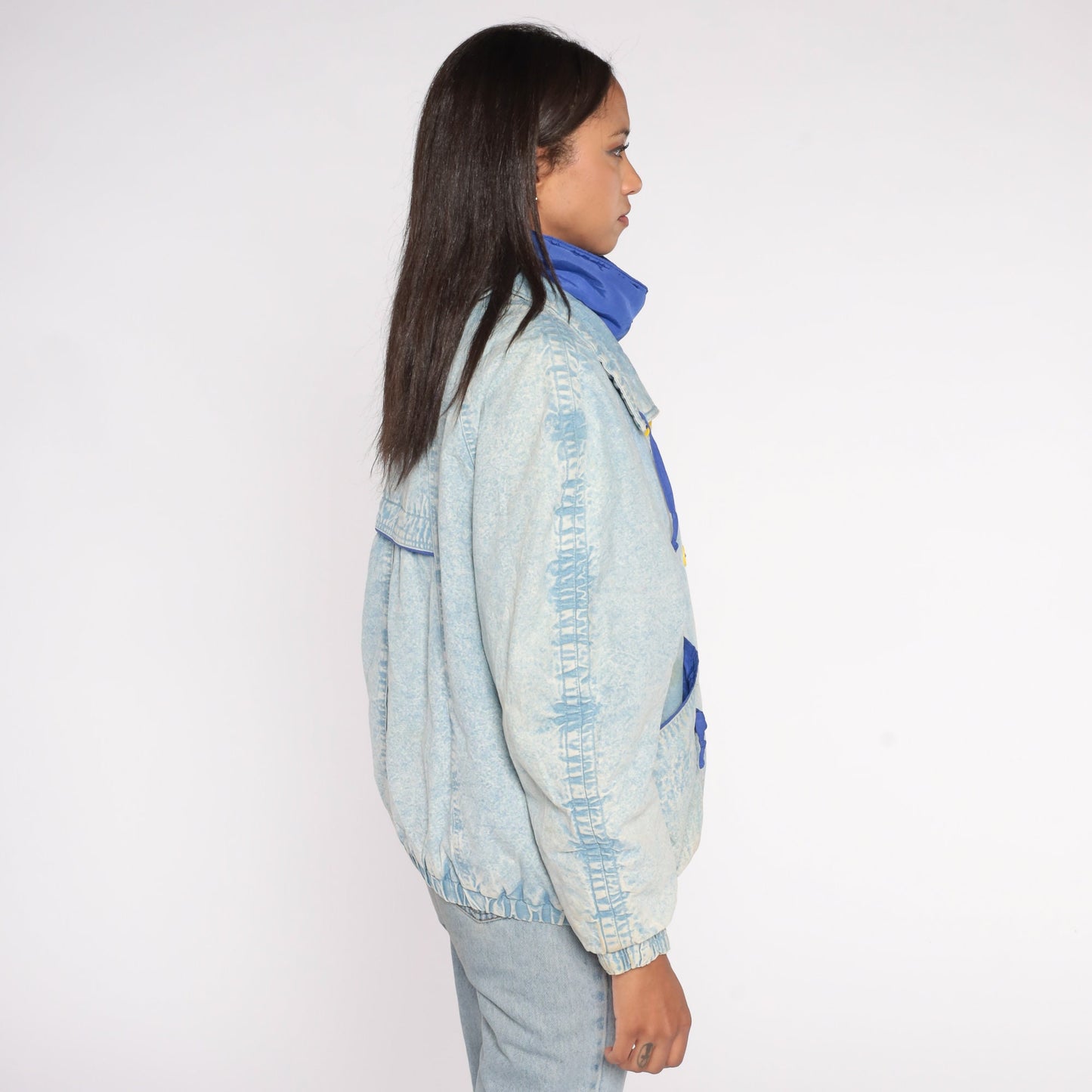90s Acid Wash Denim Puffer Jacket Blue Funnel Neck Button Up Small S