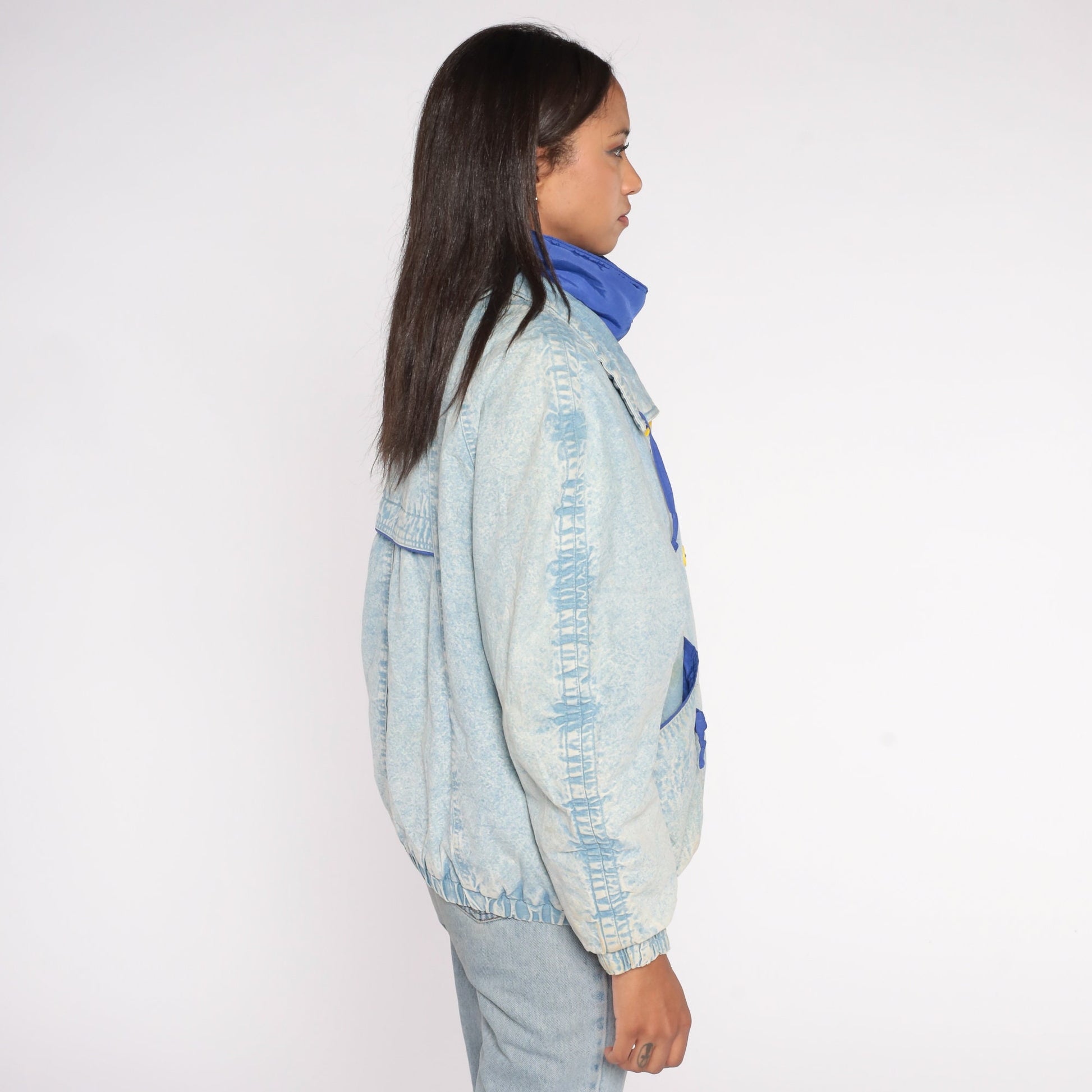 90s Acid Wash Denim Puffer Jacket Blue Funnel Neck Button Up Small S