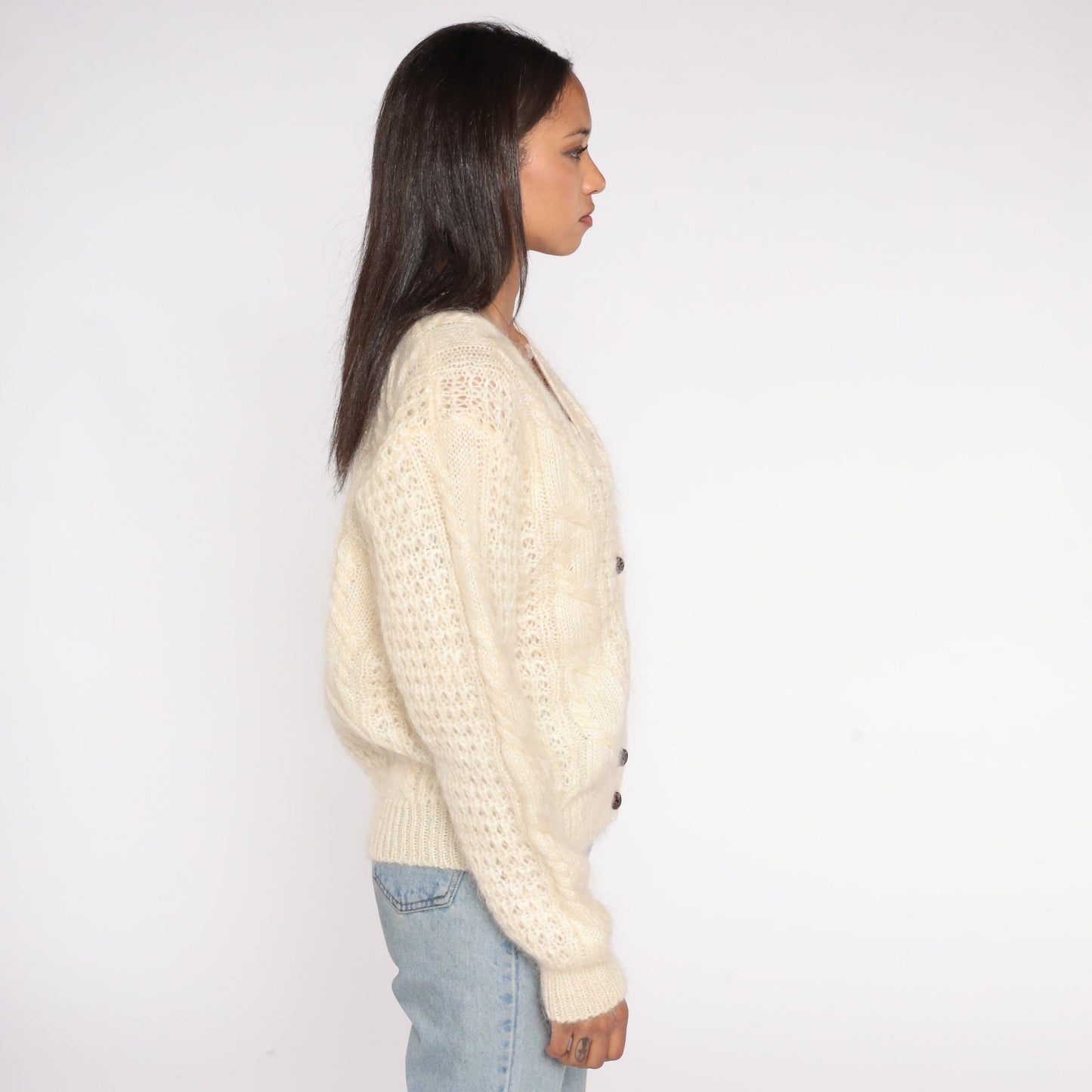 90s Karen Scott Cable Knit Cardigan Cream Wool Mohair V Neck Medium