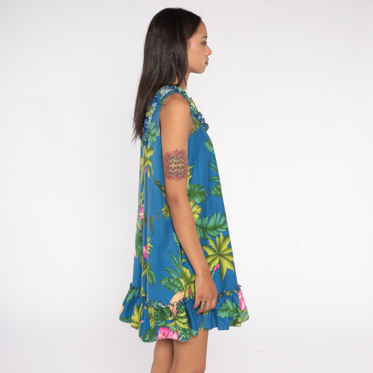 Y2K Tropical Floral Banana Mini Dress Sleeveless Ruffled Trim Green Blue Pink Large