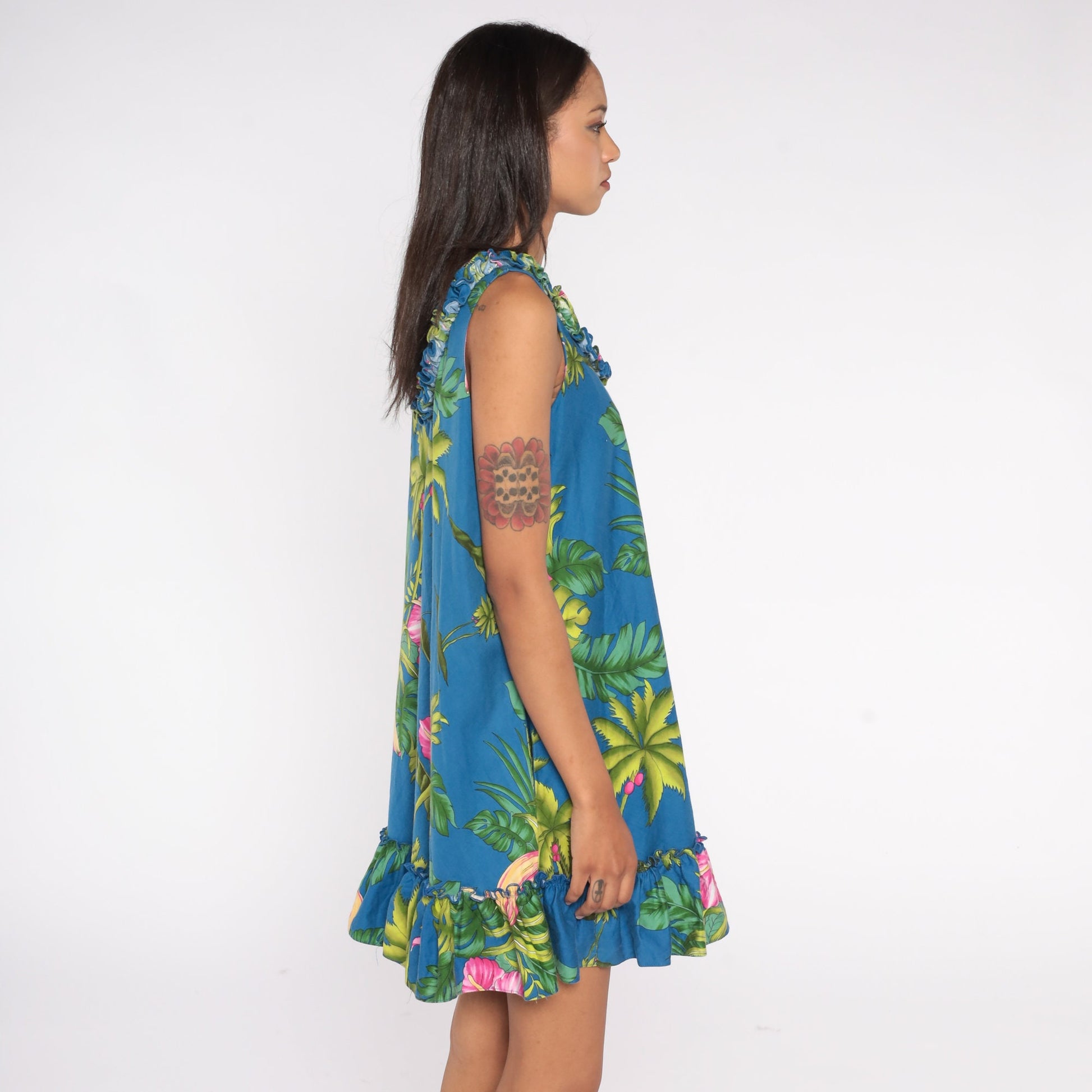 Y2K Tropical Floral Banana Mini Dress Sleeveless Ruffled Trim Green Blue Pink Large