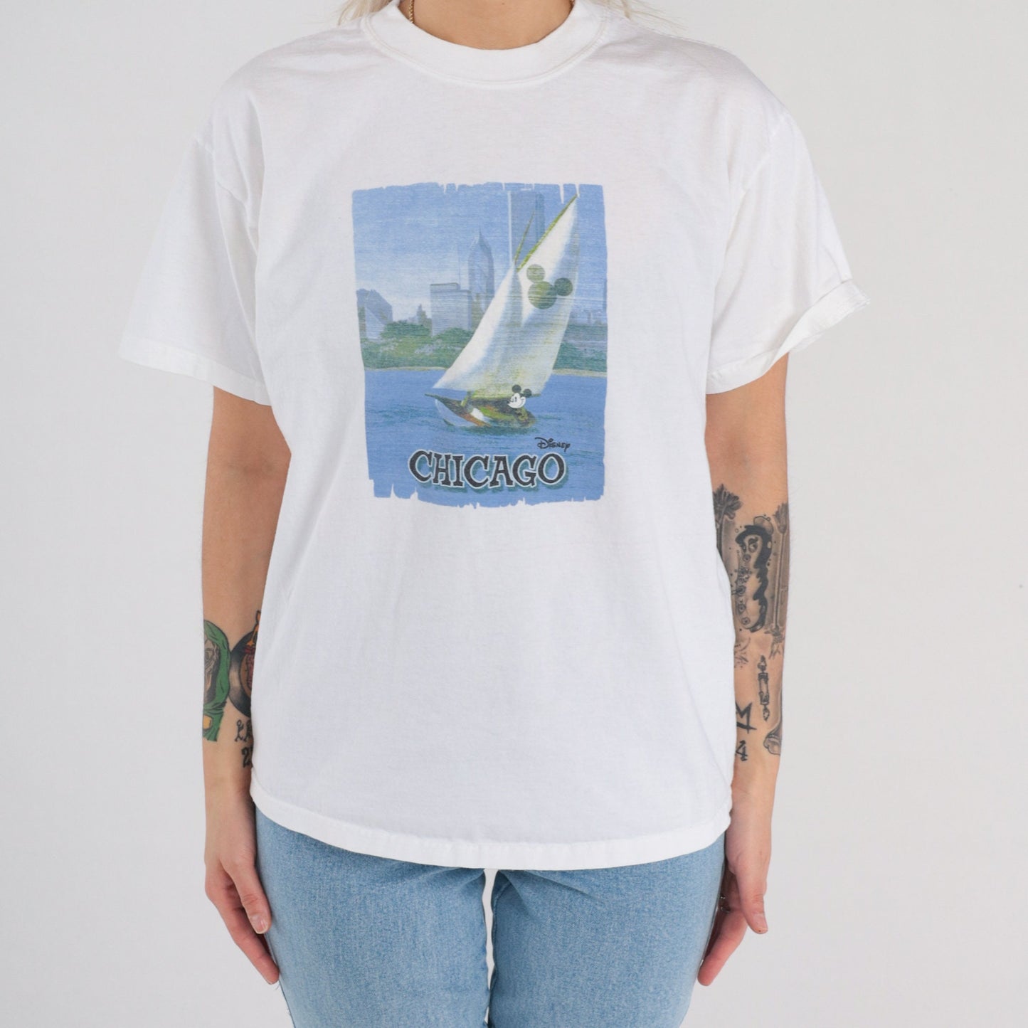 Y2K Disney Chicago Mickey Sailboat Graphic Tee White Cotton Medium M