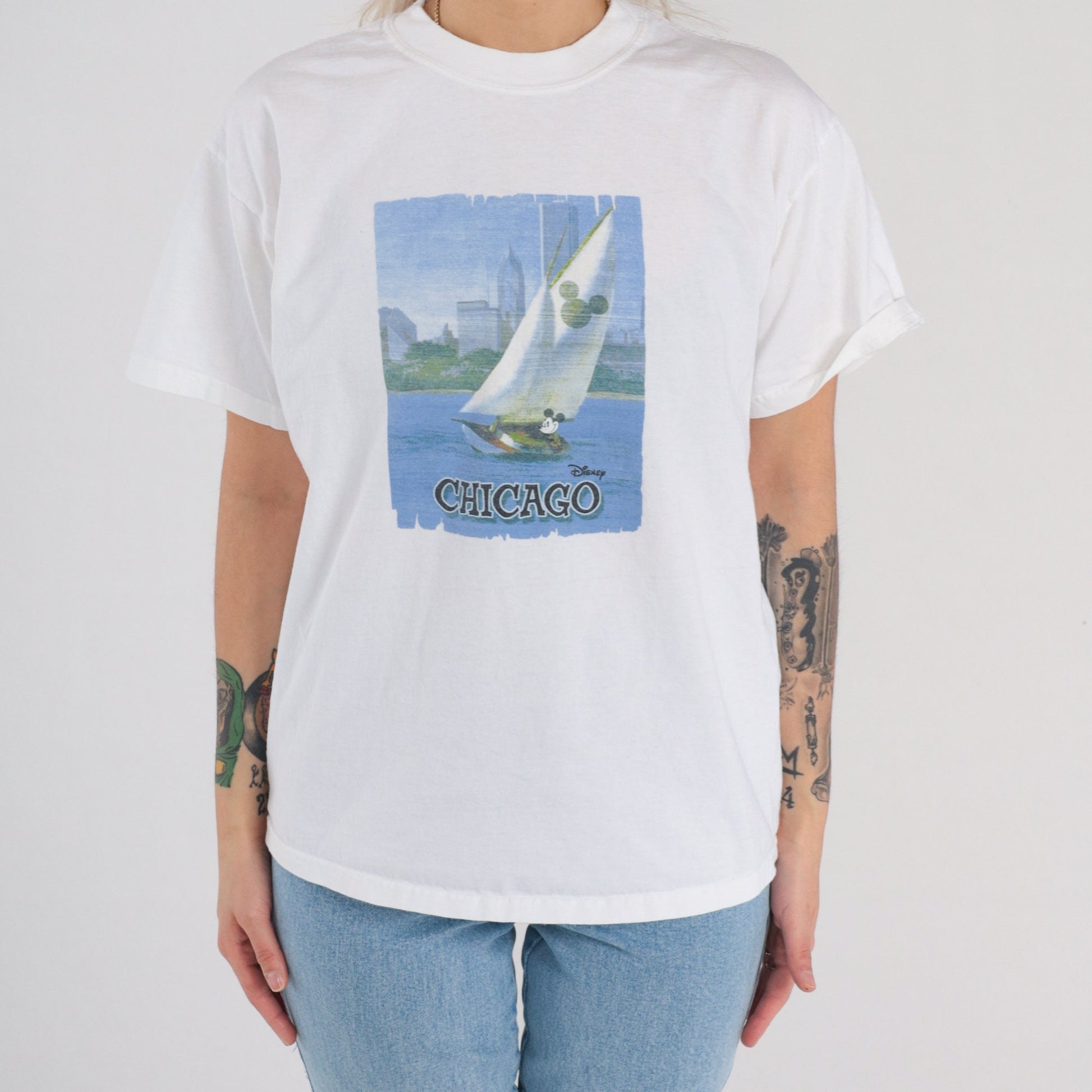 Y2K Disney Chicago Mickey Sailboat Graphic Tee White Cotton Medium M