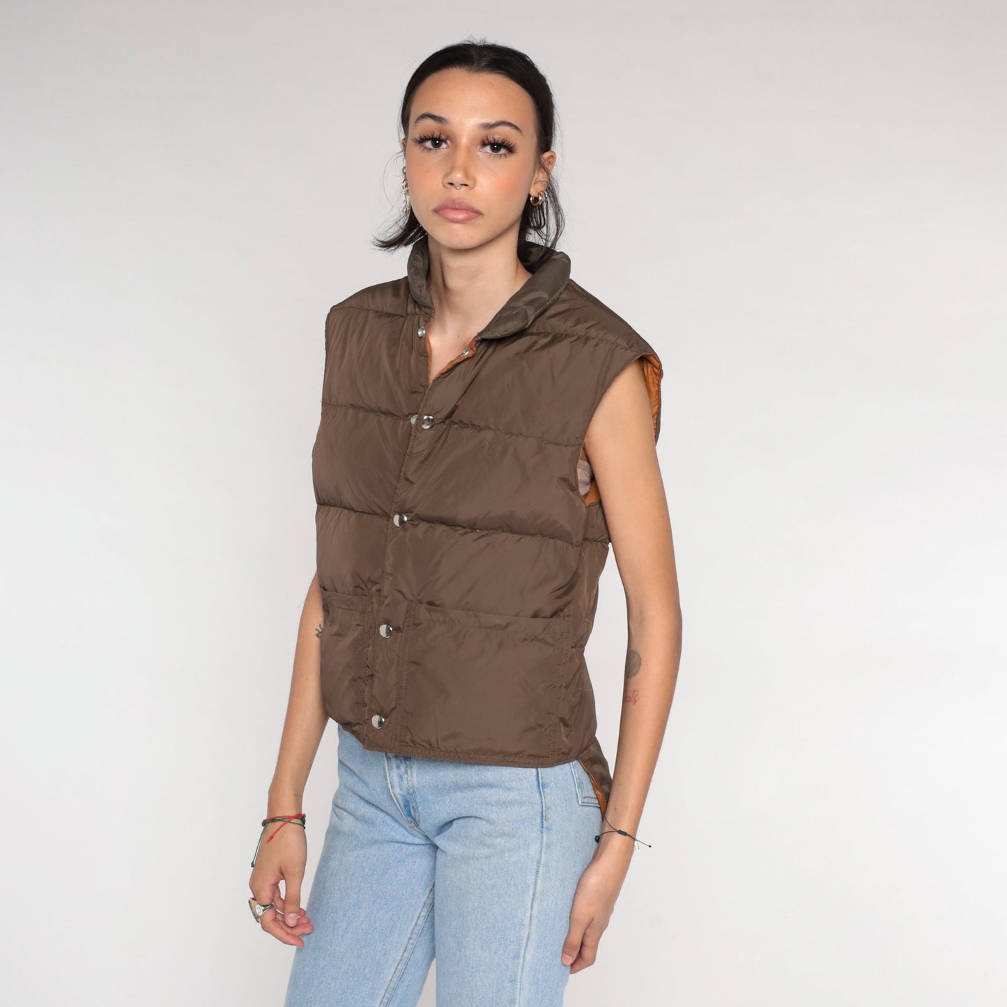 80s Reversible Puffer Vest Brown Down Fill Nylon Sleeveless Small