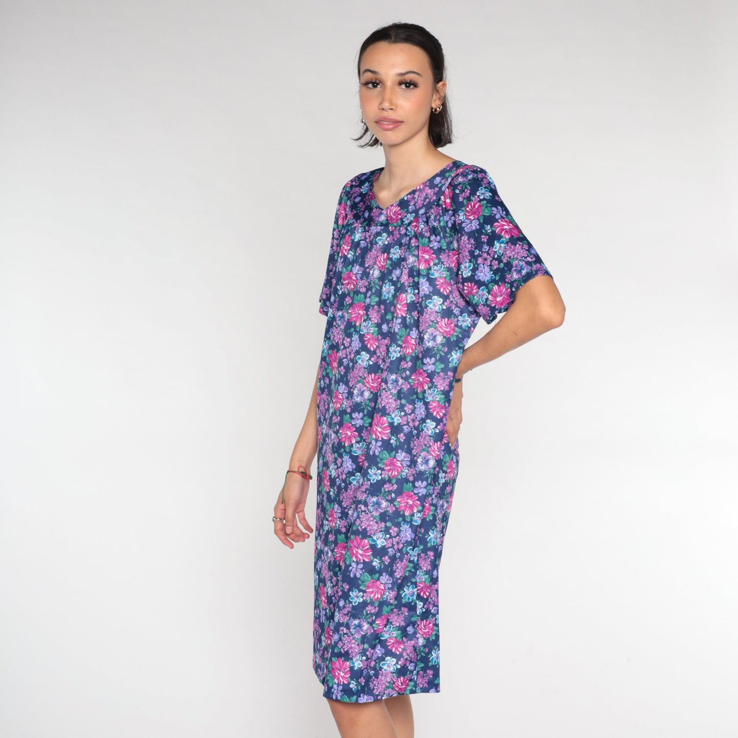 90s Purple Floral Tent Dress Mini Short Sleeve Lounge Dress XXL