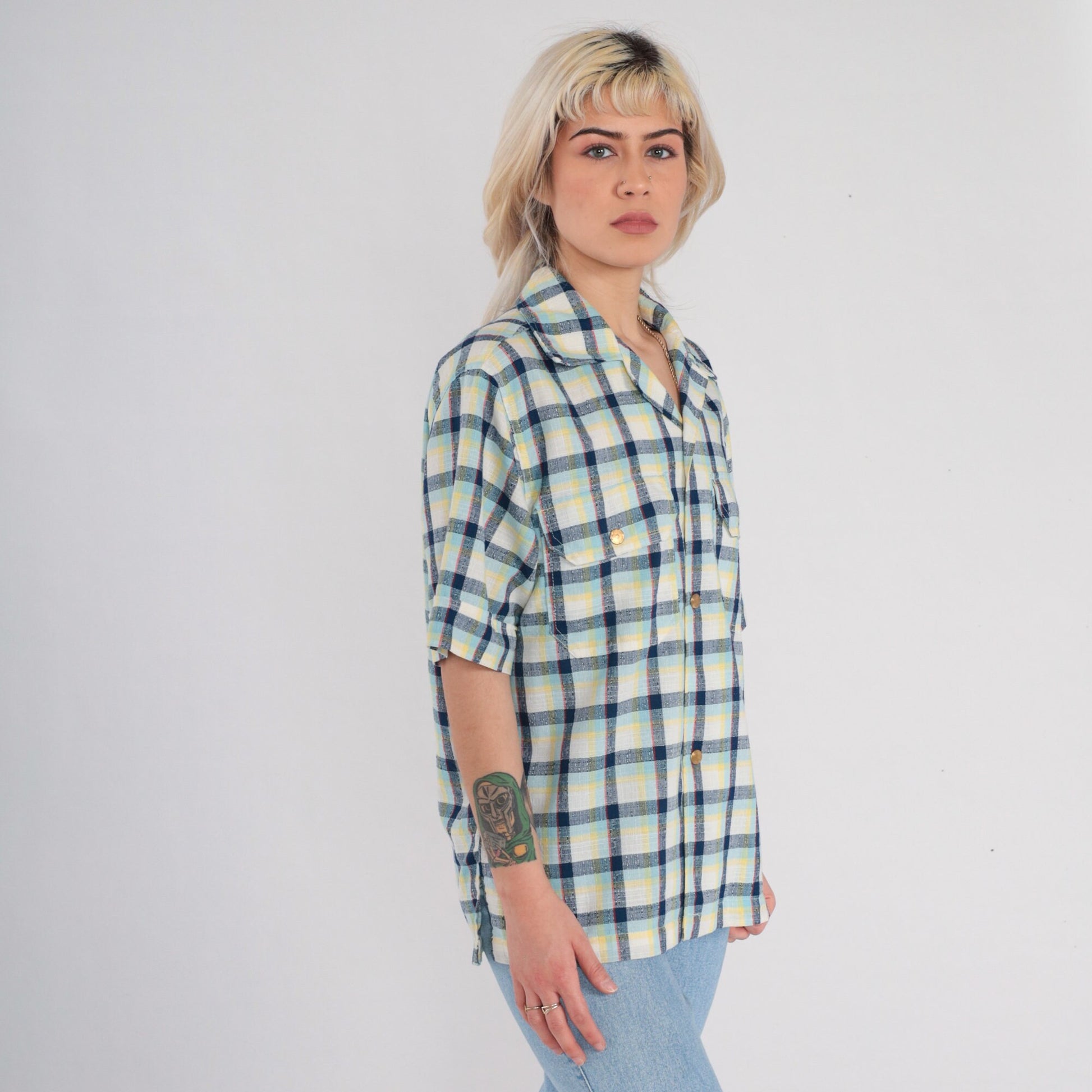 70s Checkered Button Up Shirt Gold Buttons Chest Pockets Medium