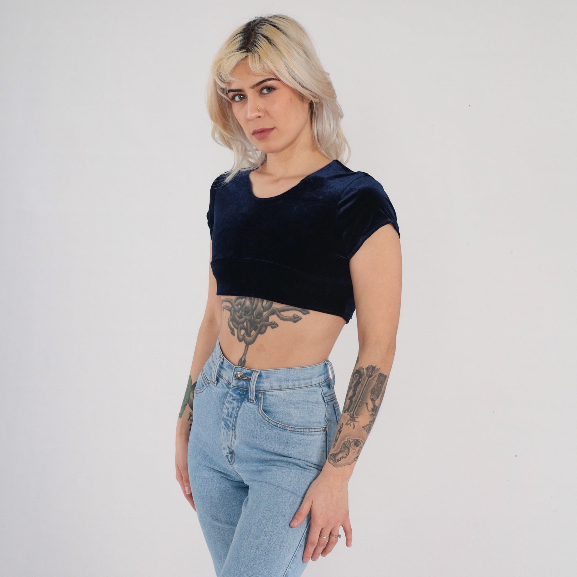 Y2K Navy Velvet Crop Top Short Sleeve Blouse Small XS