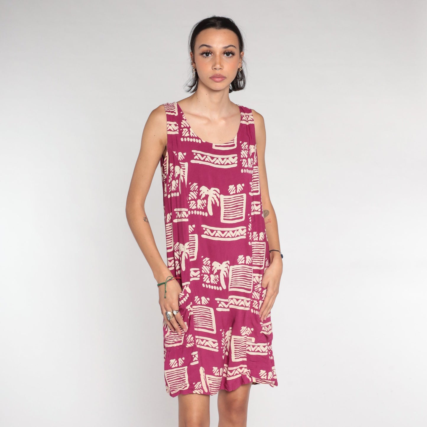 90s Dark Pink Tropical Palm Tree Mini Dress Geometric Print Sleeveless Small