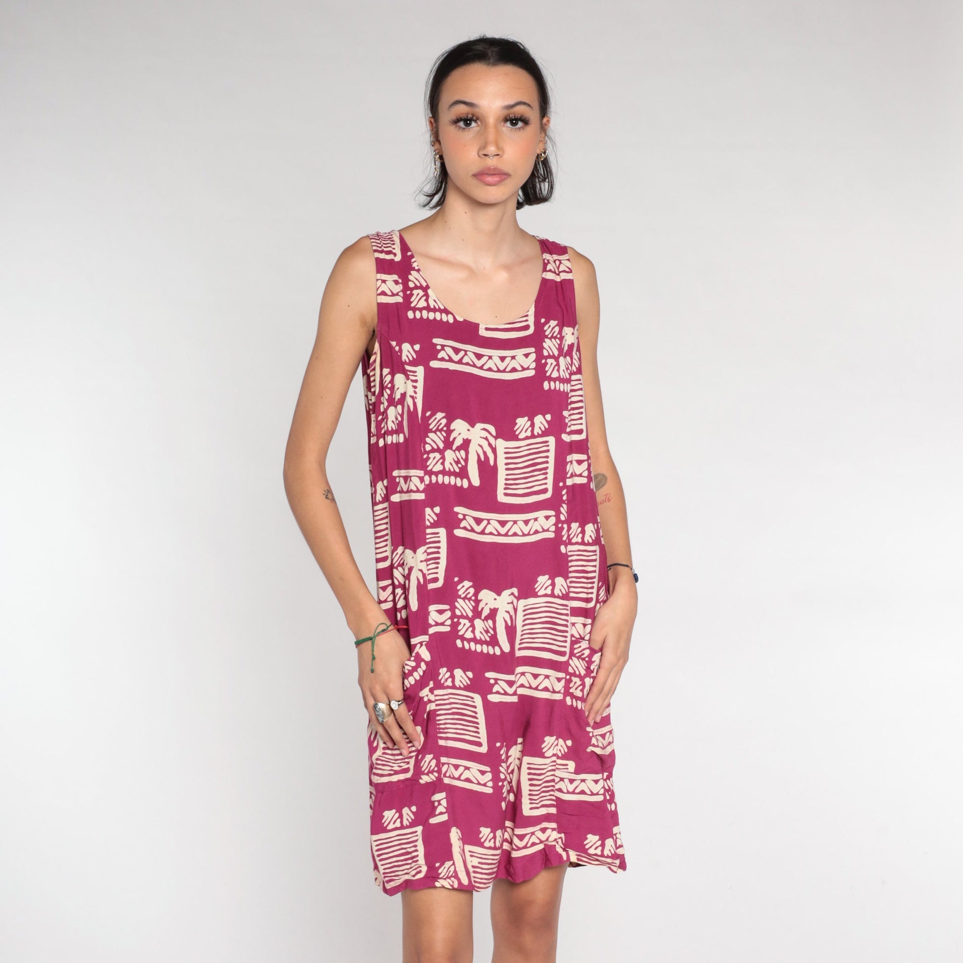 90s Dark Pink Tropical Palm Tree Mini Dress Geometric Print Sleeveless Small