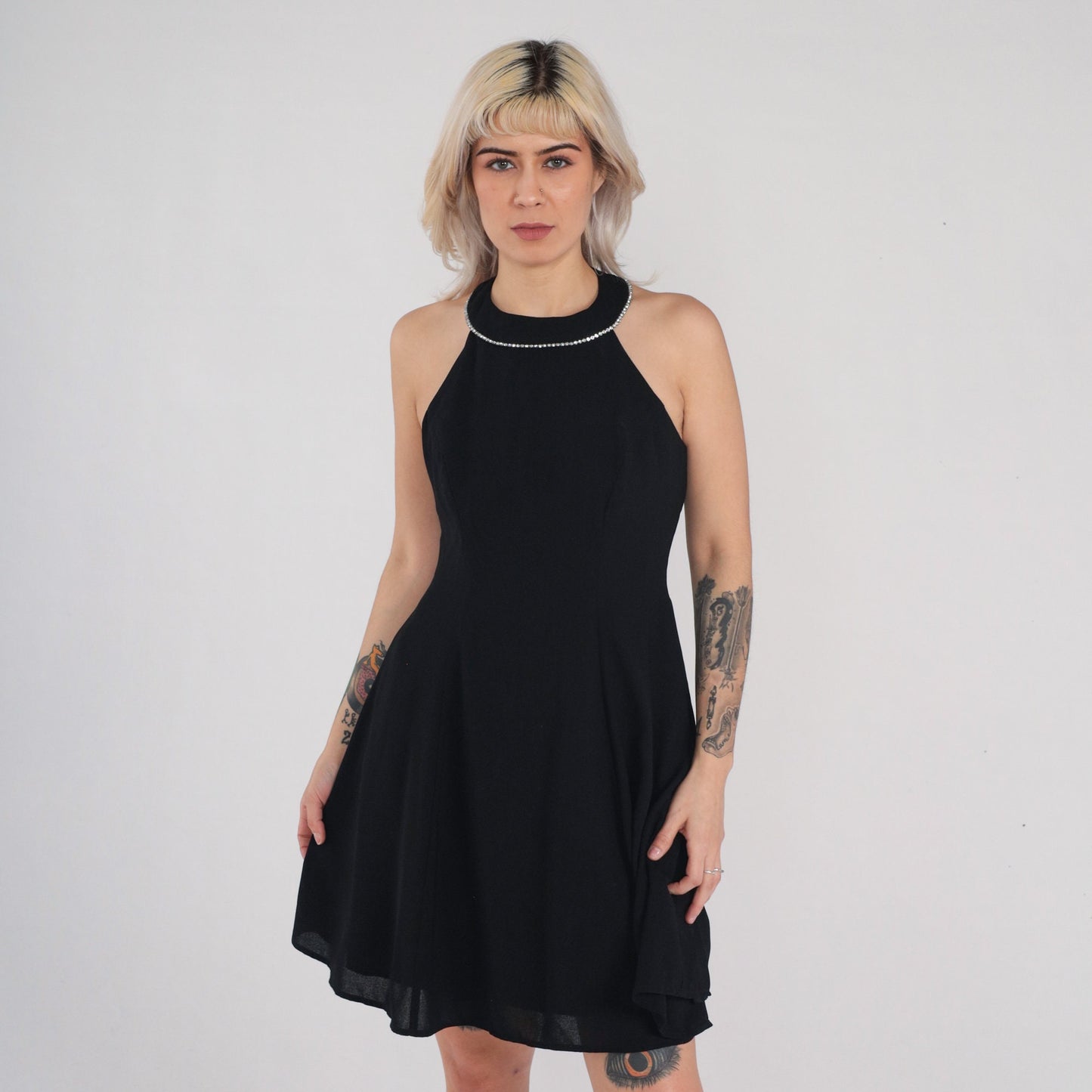90s Black Velvet Mini Dress Rhinestone Halter Sleeveless Open Back Small