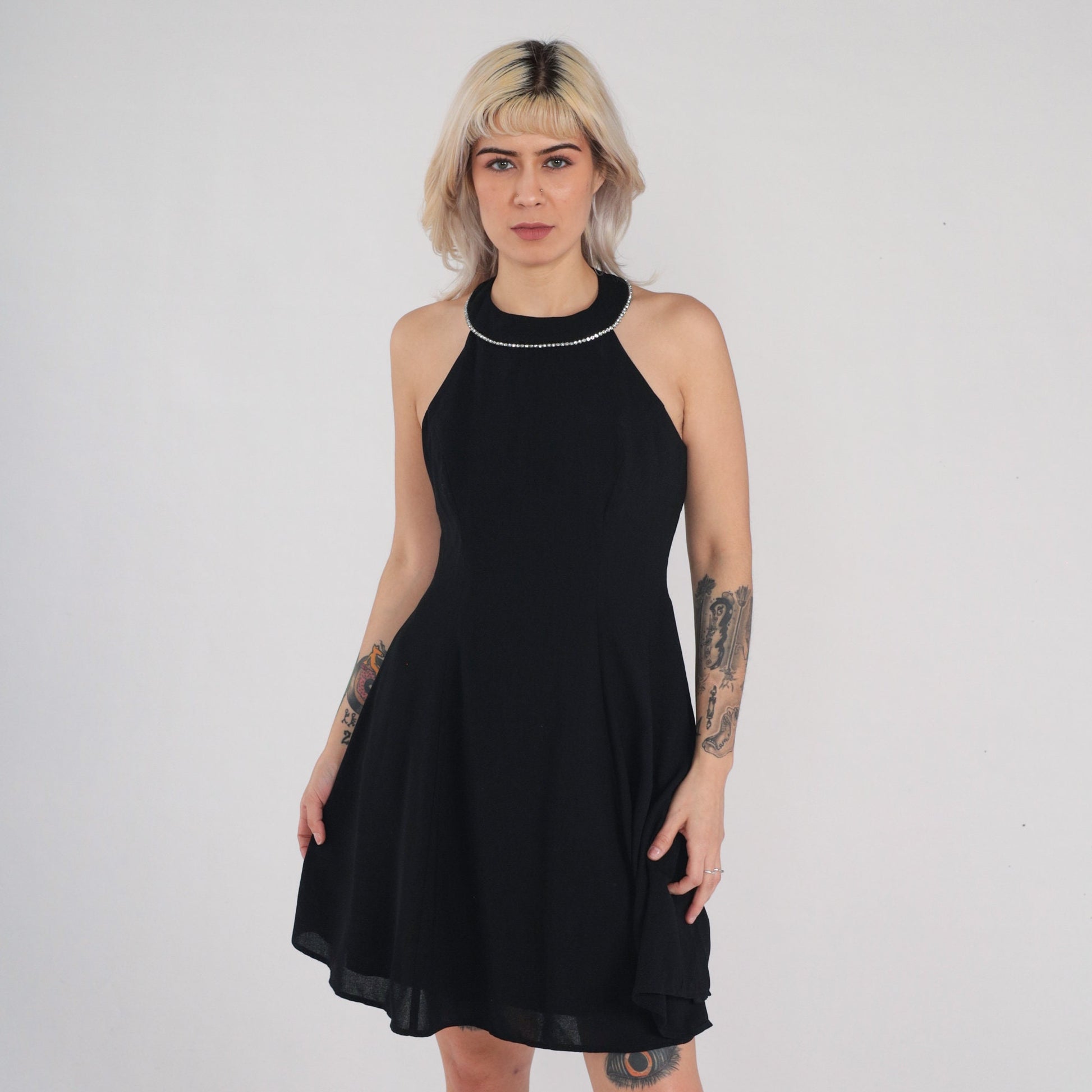 90s Black Velvet Mini Dress Rhinestone Halter Sleeveless Open Back Small