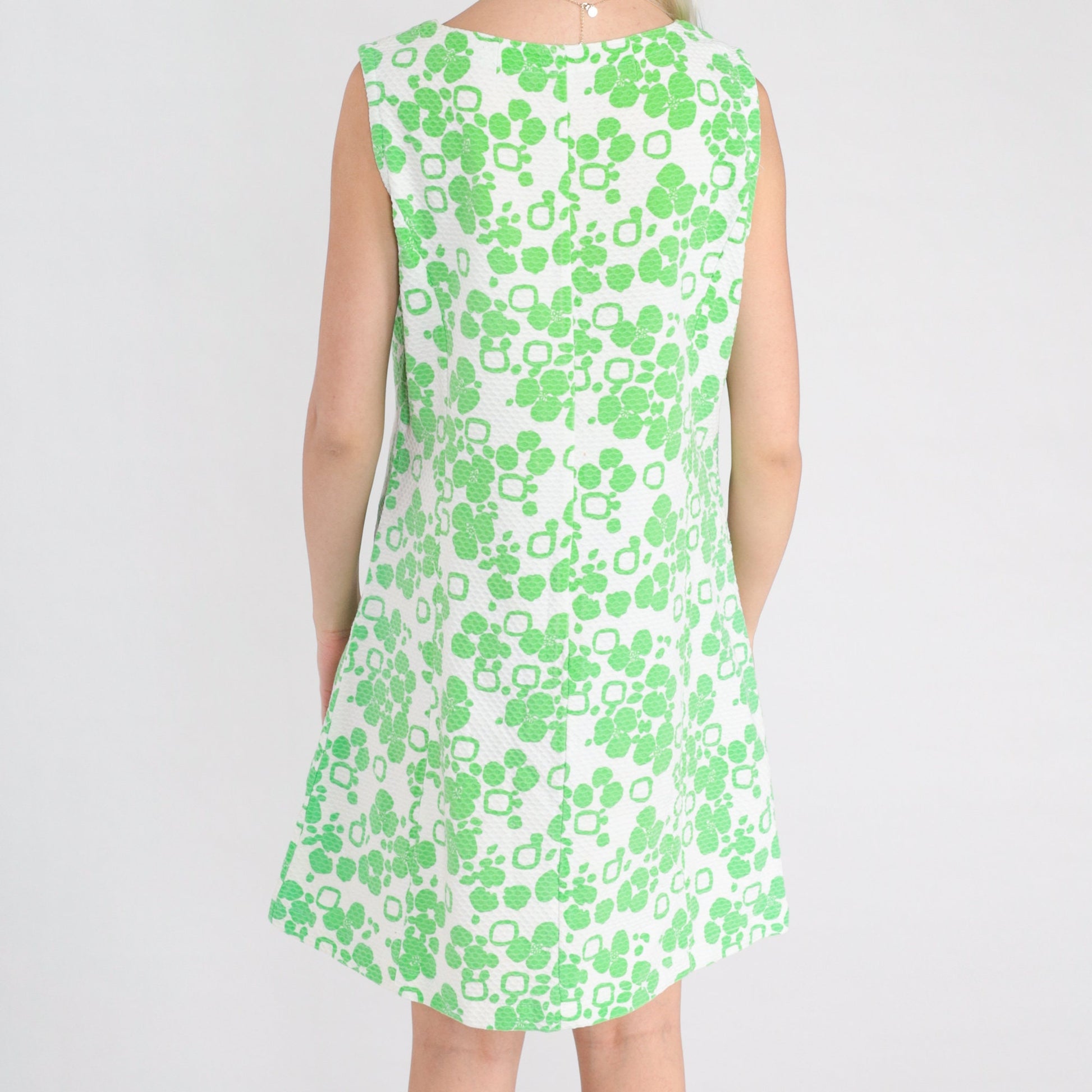 60s Lime Green Floral Shift Mini Dress Sleeveless Medium