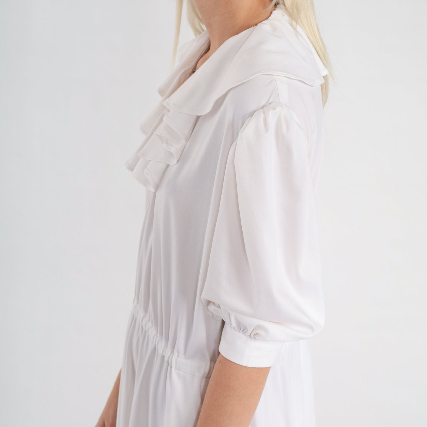70s White Ruffle Midi Dress Puff Sleeve High Waist V Neck Medium Large