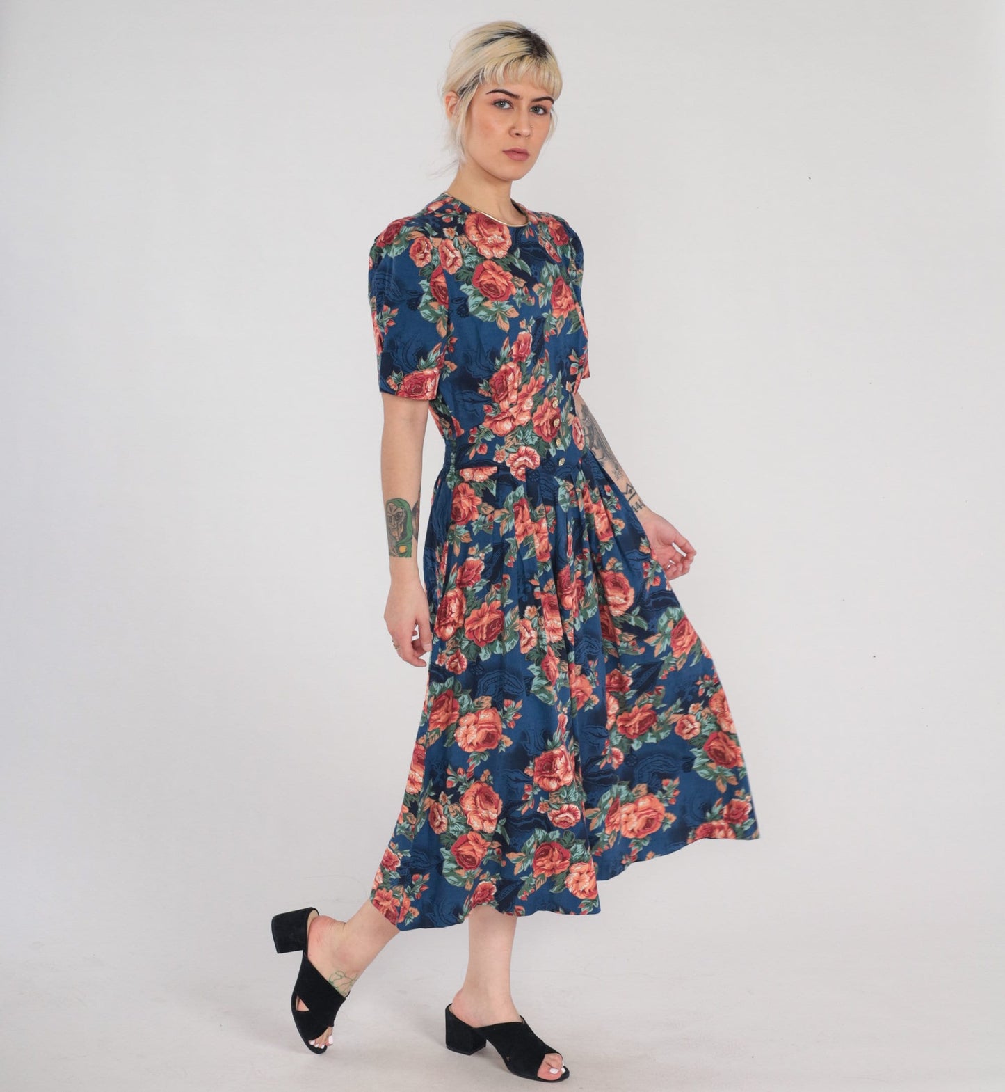 90s Navy Floral Midi Dress Puff Sleeve High Basque Waist Rose Print Medium M