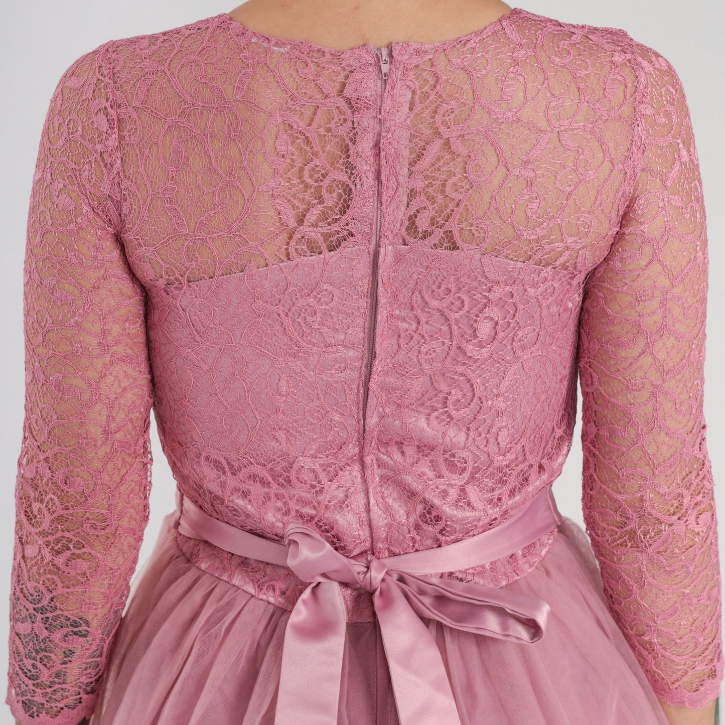 1960s Pink Lace Tulle Midi Dress High Waist Illusion Neckline XXS
